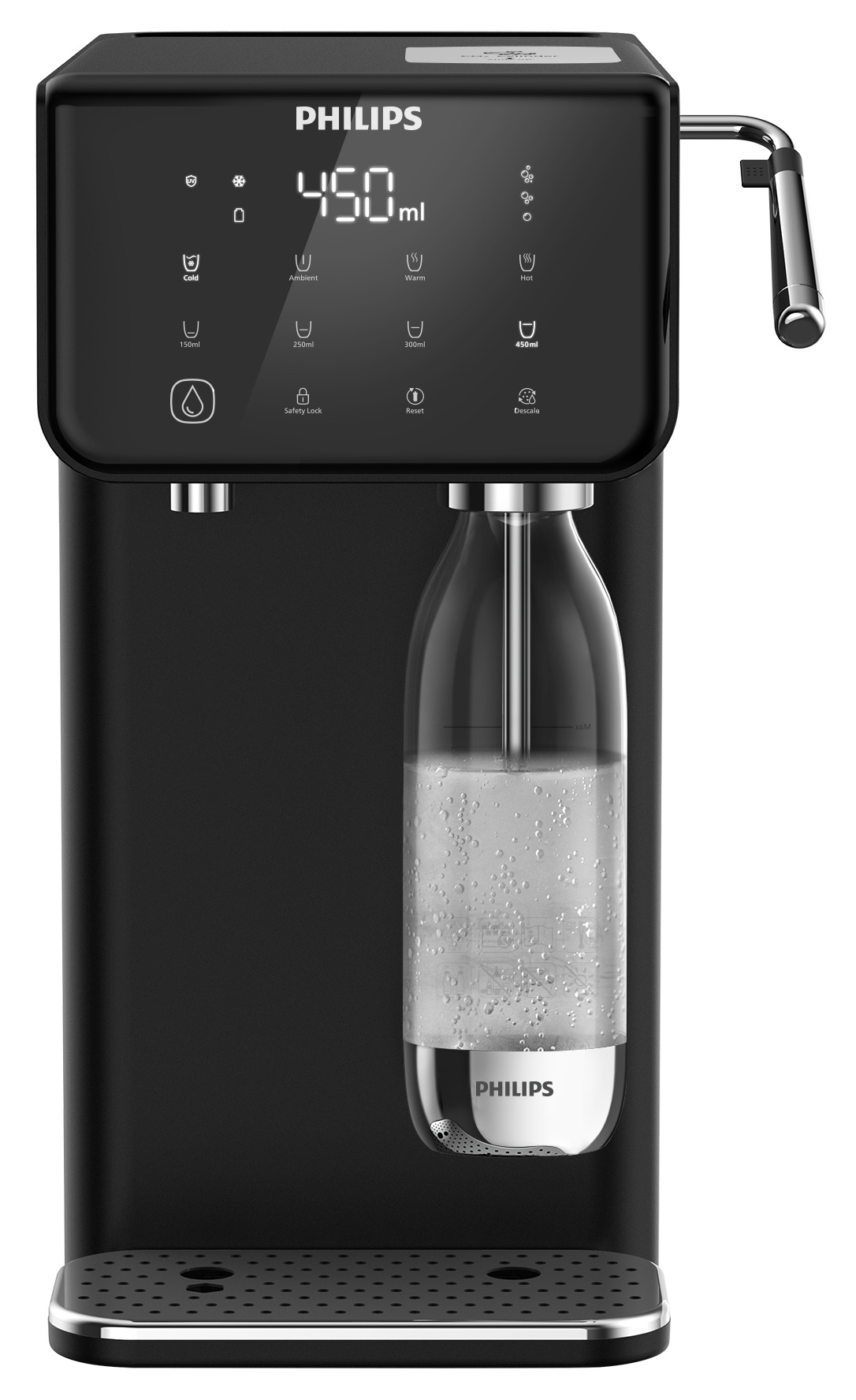 Czarny dystrybutor wody Philips wyświetla 450 ml, z pełną butelką.
