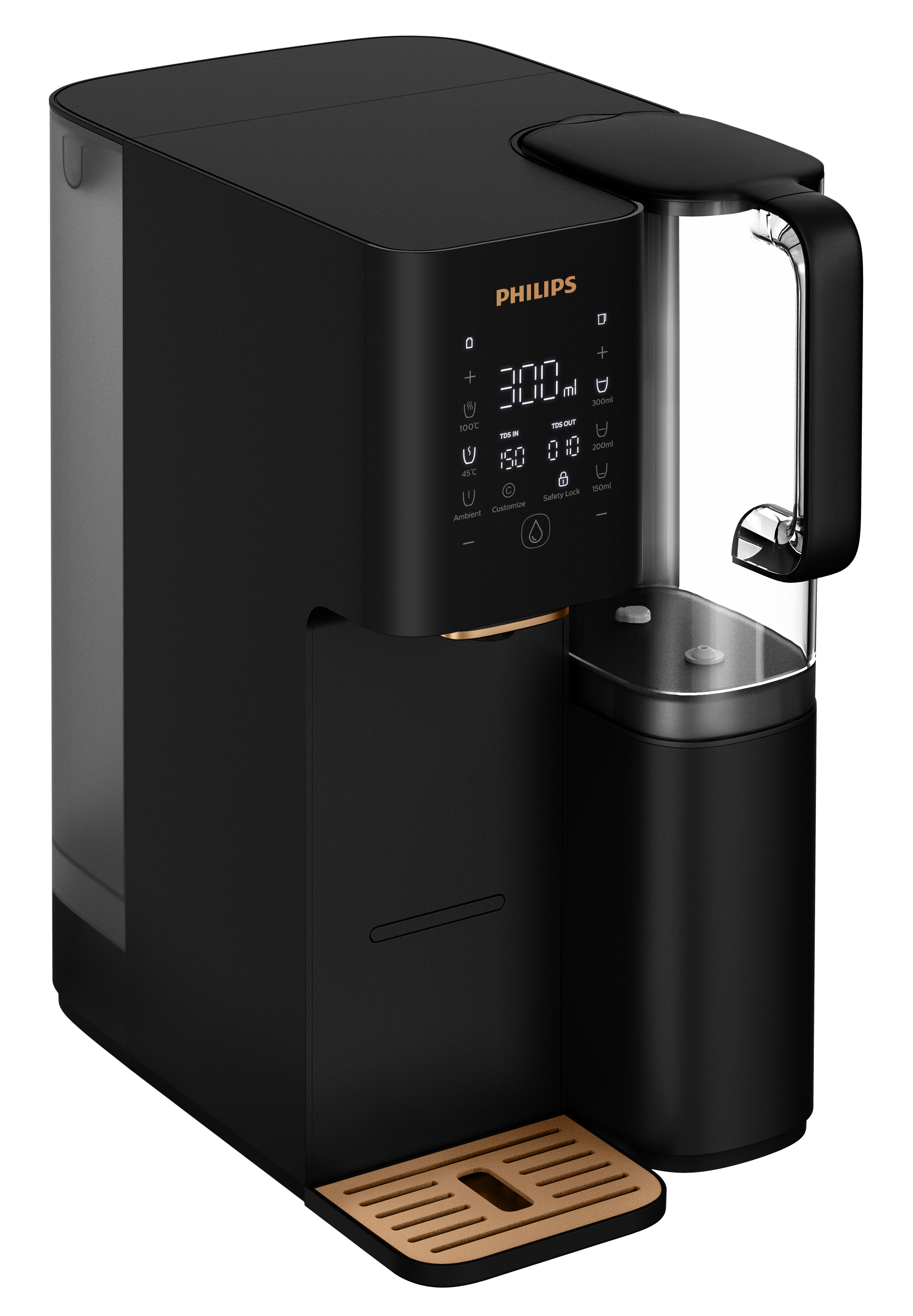 Czarny dystrybutor wody Philips ze złotą tacką ociekową i ekranem dotykowym, ze zbiornikiem na wodę.