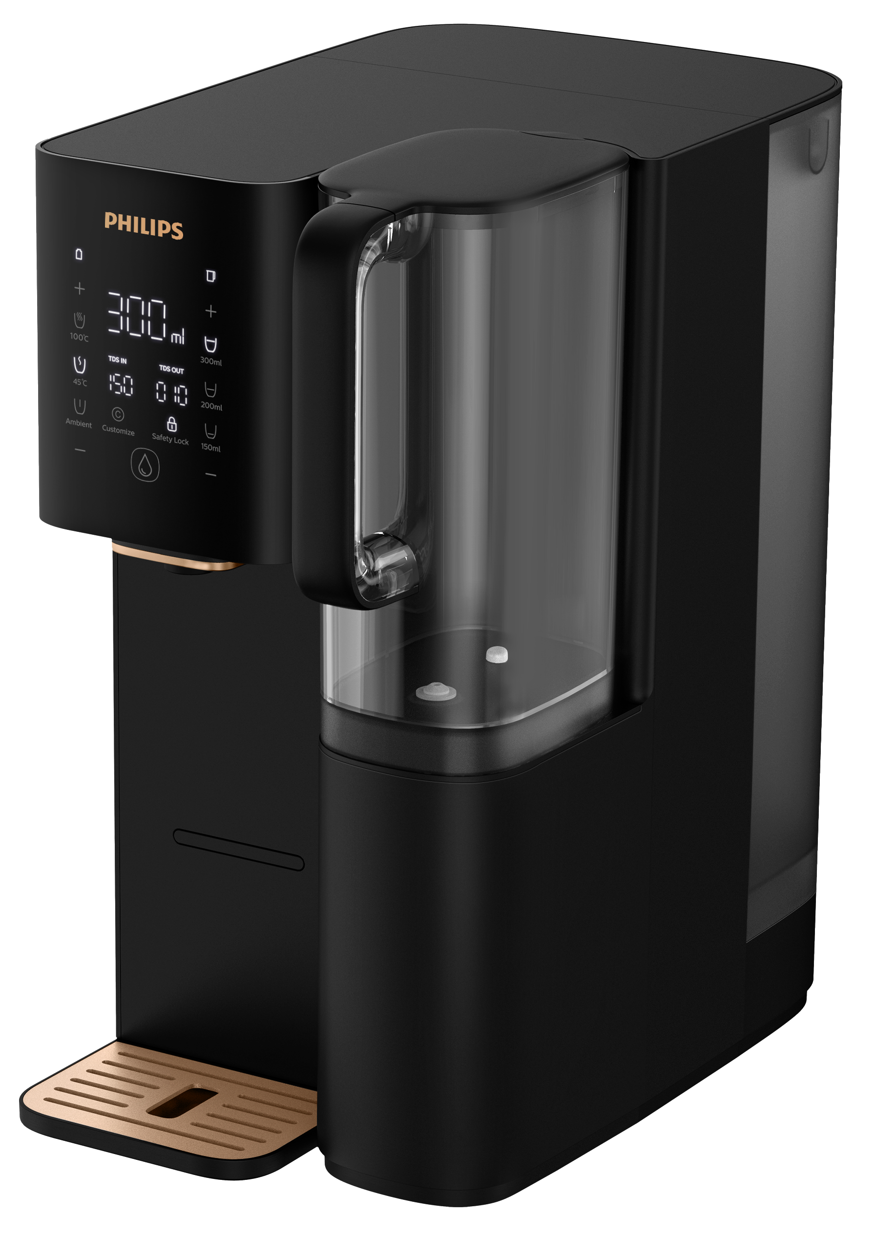 Czarny dystrybutor wody Philips ze złotą tacką ociekową i ekranem dotykowym, ze zbiornikiem na wodę.