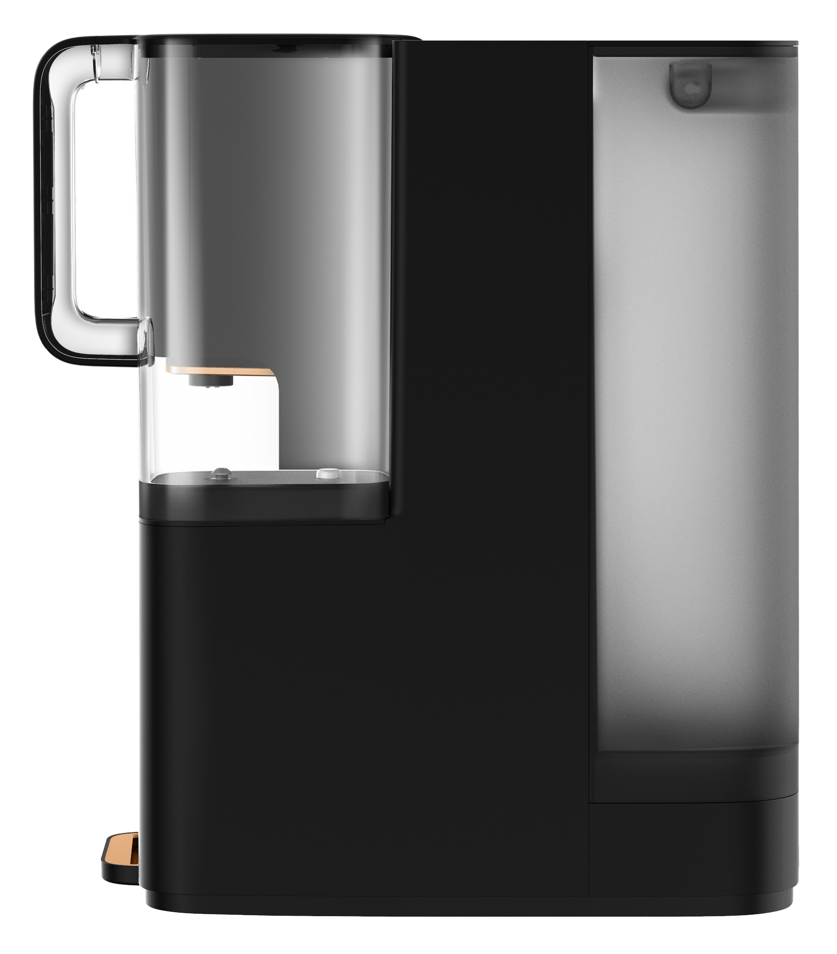 Czarny dystrybutor wody Philips. Zbiornik na wodę i uchwyt po prawej stronie. Złota tacka ociekowa.