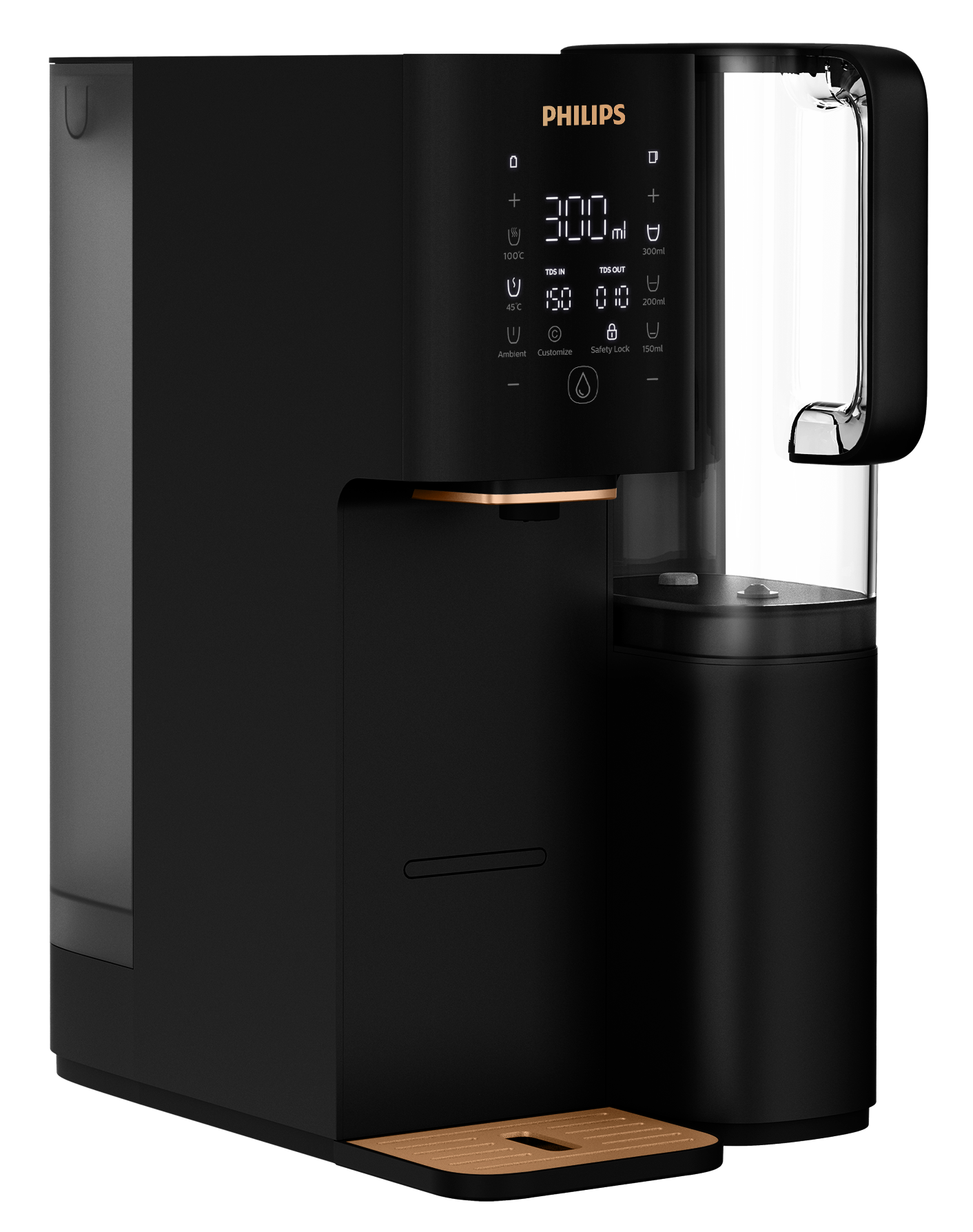 Czarny dystrybutor wody Philips ze złotymi akcentami. Posiada ekran dotykowy, zbiornik i tackę ociekową.