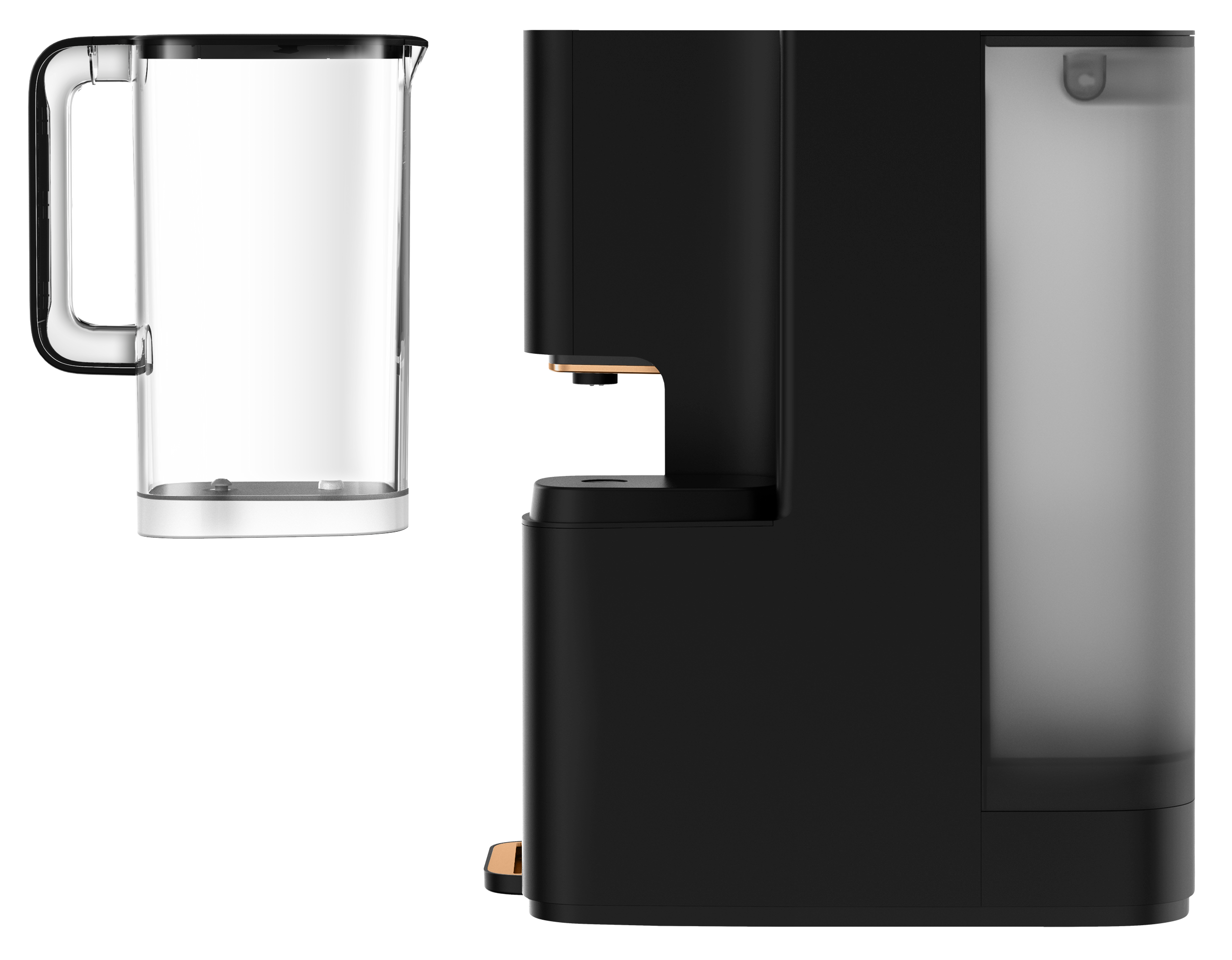 Czarny dystrybutor wody Philips z oddzielnym dzbanem na wodę po lewej stronie. Złota tacka ociekowa.