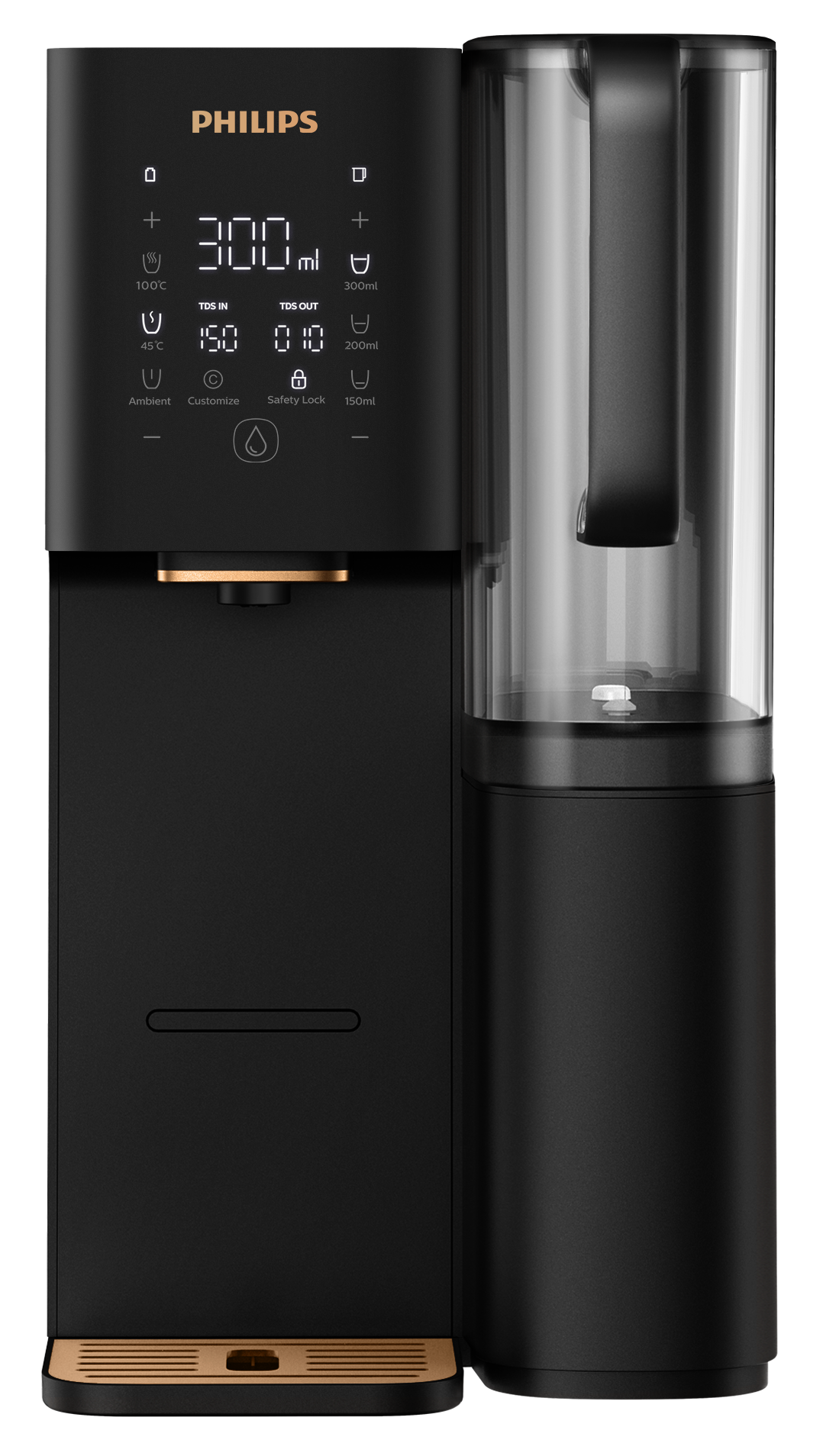 Czarny dystrybutor wody Philips z ekranem dotykowym, złotymi akcentami i zbiornikiem na wodę po prawej.