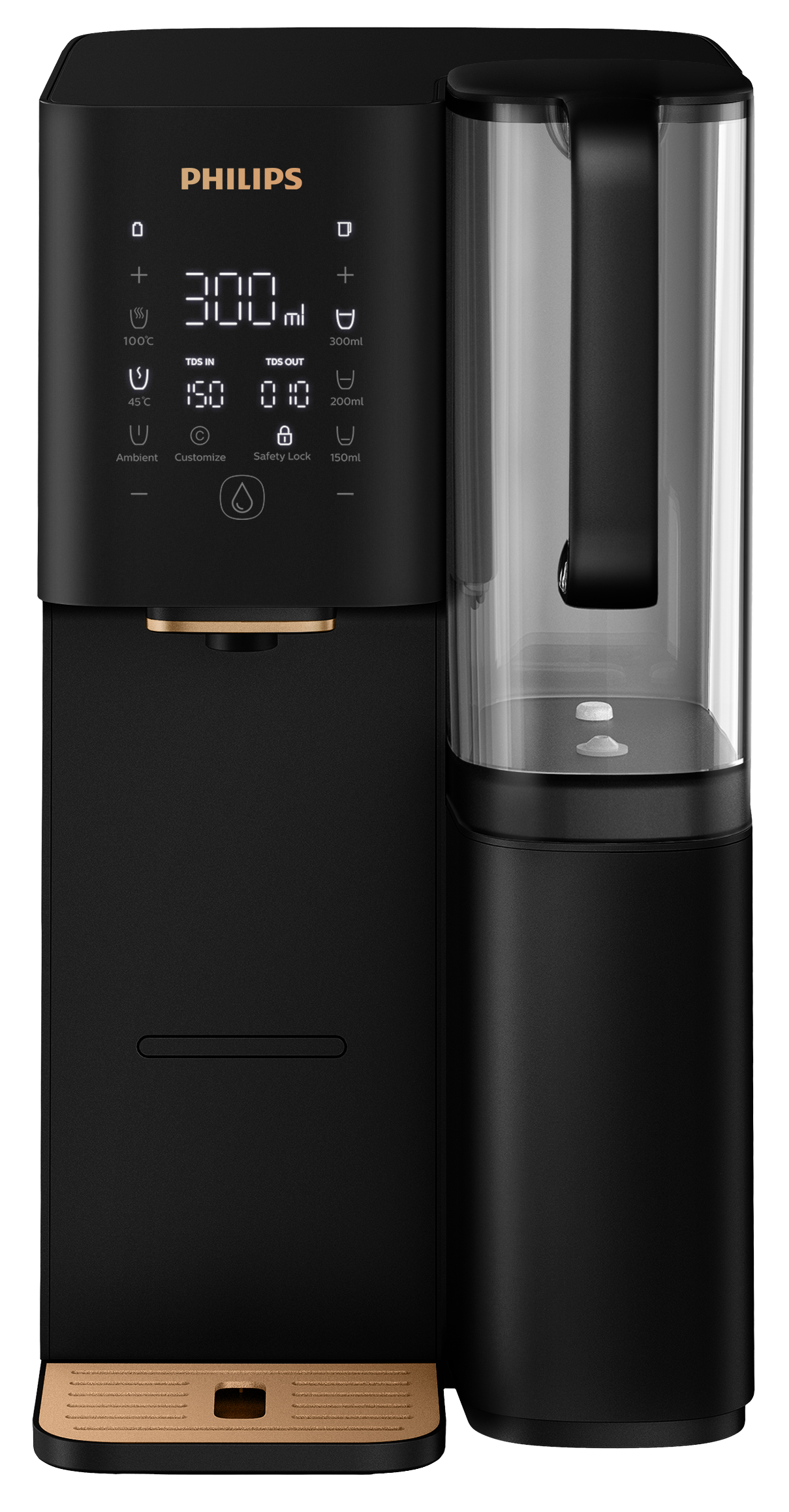 Czarny dystrybutor wody Philips z ekranem dotykowym, złotymi akcentami i zbiornikiem na wodę po prawej.