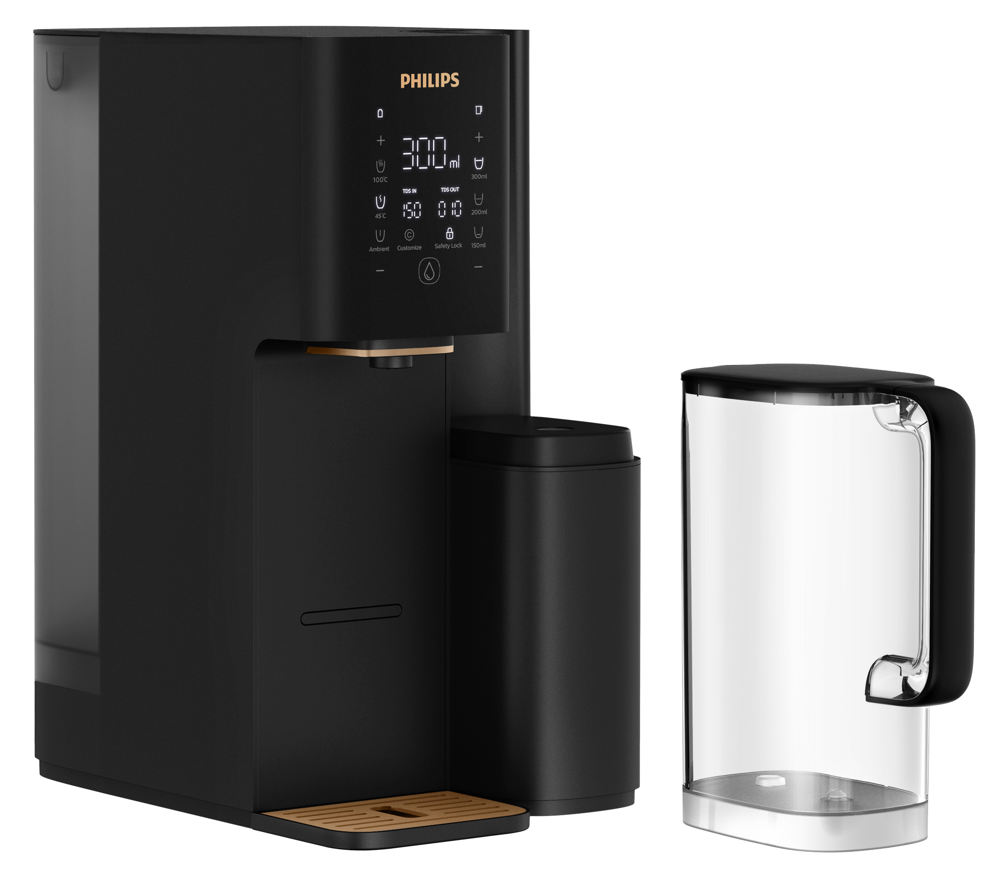 Czarny dystrybutor wody Philips z ekranem dotykowym i oddzielnym dzbanem na wodę. Złota tacka ociekowa.