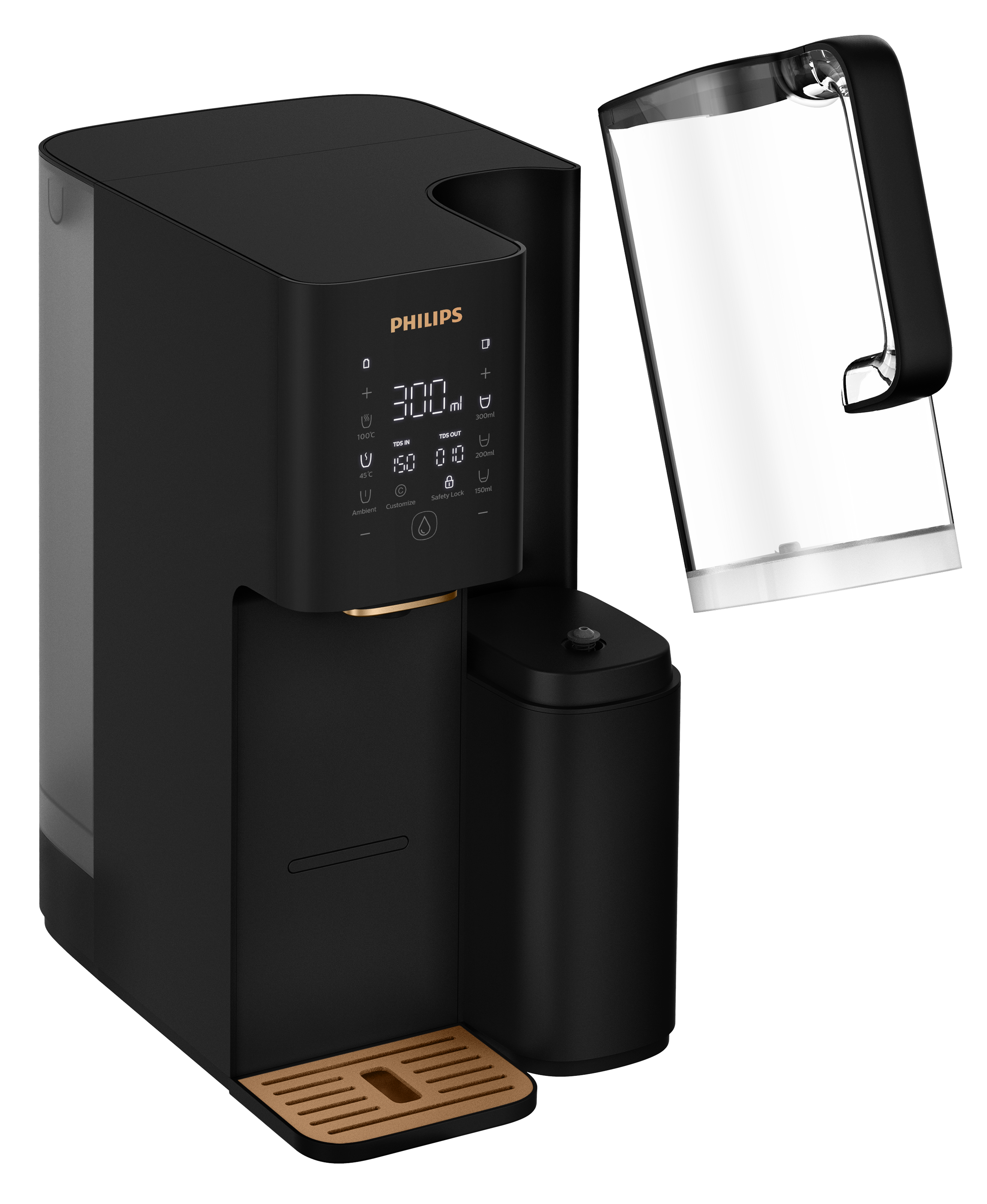 Czarny dystrybutor wody Philips z oddzielnym dzbanem na wodę. Złota tacka ociekowa. Dzban jest osobny.