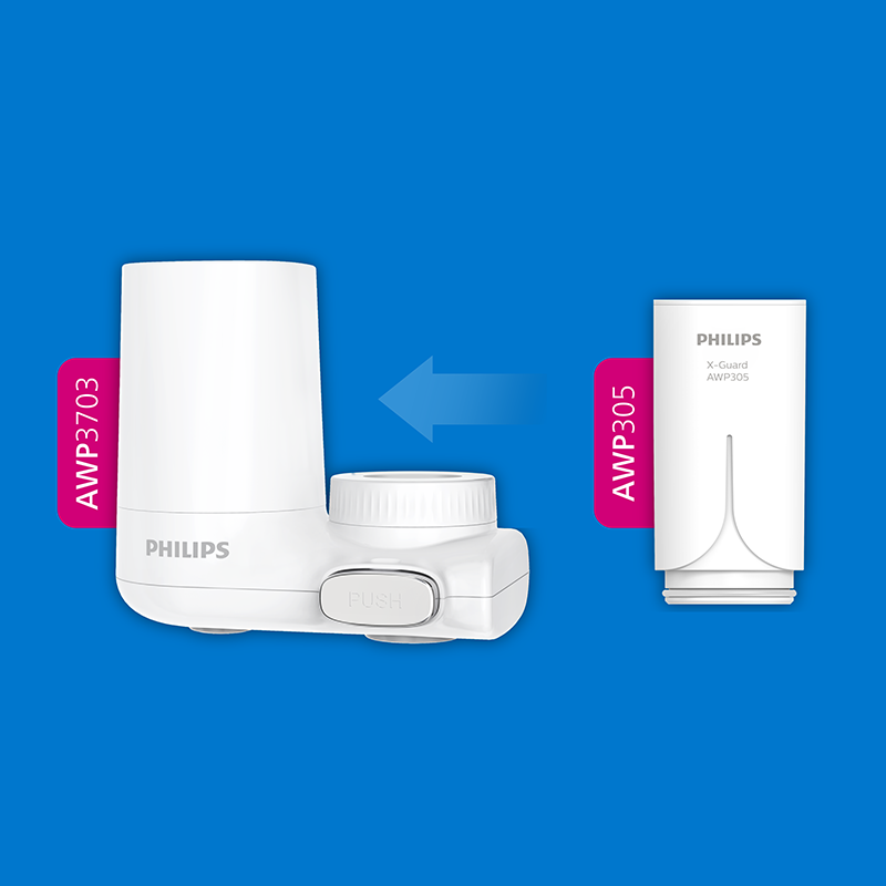 Obraz przedstawia filtr wody Philips ze strzałką wskazującą wymianę filtra. Filtr jest biały z przyciskiem.