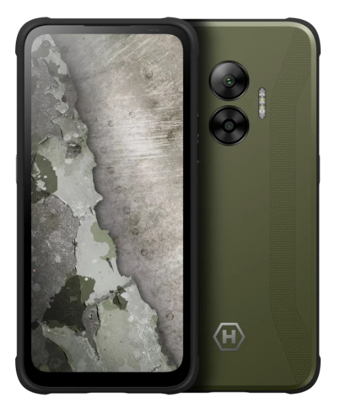 Wytrzymały, zielony smartfon z podwójnym aparatem z tyłu, ukazujący pękniętą powierzchnię.