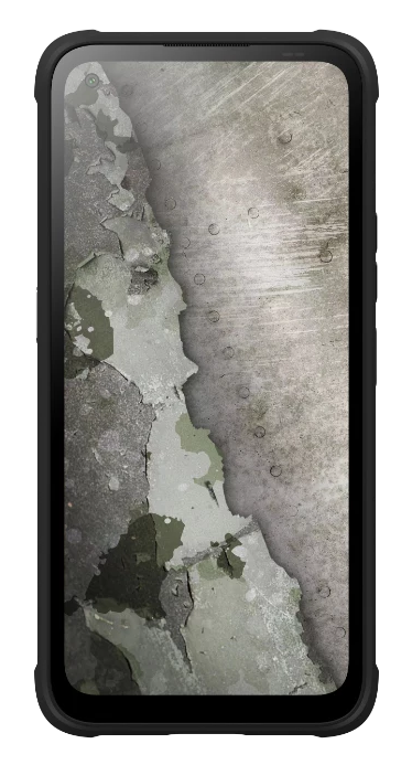 Zbliżenie wytrzymałego, zielonego smartfona z widocznym ekranem z pękniętą powierzchnią.