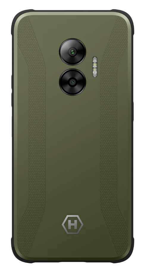 Widok z tyłu zielonego smartfona z podwójnym aparatem i teksturowanym tyłem.