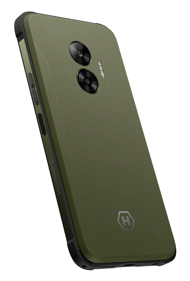 Widok z boku zielonego smartfona, ukazujący tył z dwoma aparatami i bok.