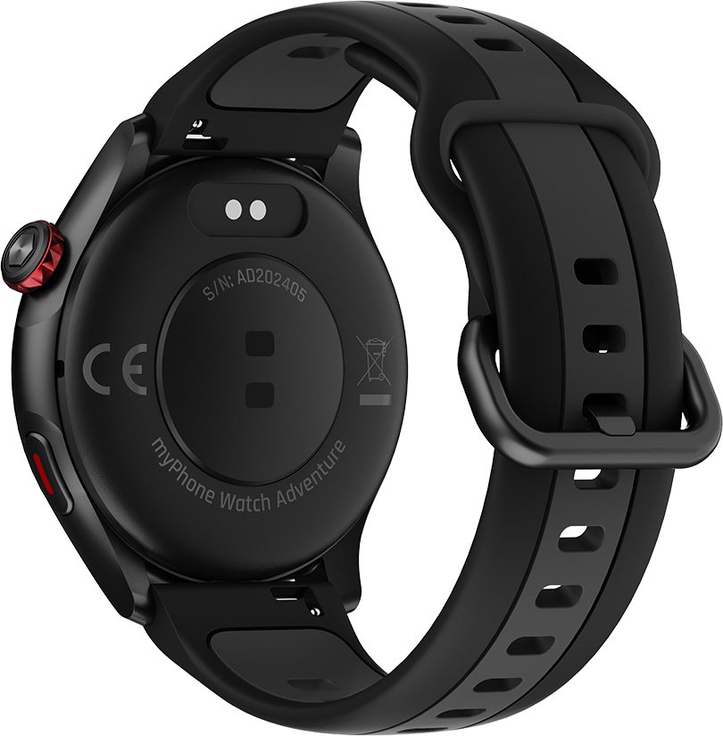 Fekete okosóra hátlap. Fekete szíj, piros gomb. Szöveg: myPhone Watch Adventure, S/N: AD202405, CE jelzés.