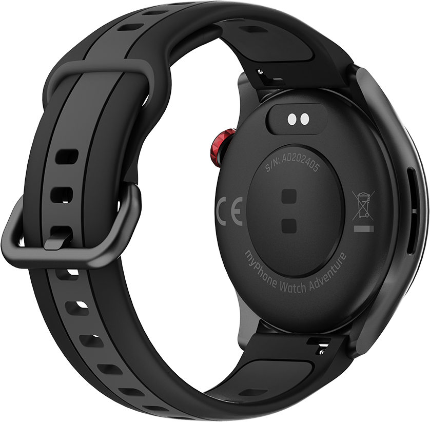 Fekete okosóra hátlap. Fekete szíj, piros gomb. Szöveg: myPhone Watch Adventure, S/N: AD202405, CE jelzés.