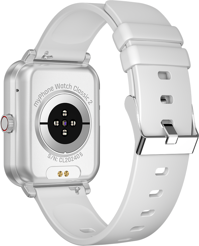 Fehér okosóra hátlapja. Szöveg: myPhone Watch Classic 2, S/N: CL202405. Fehér szíj, ezüst csat.