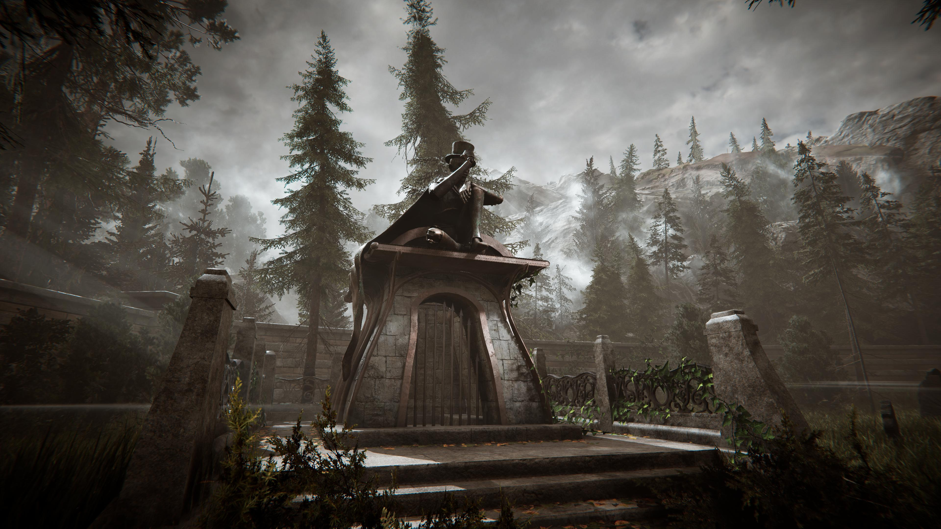 Pomnik osoby na cokole. Drzewa i góry w tle.