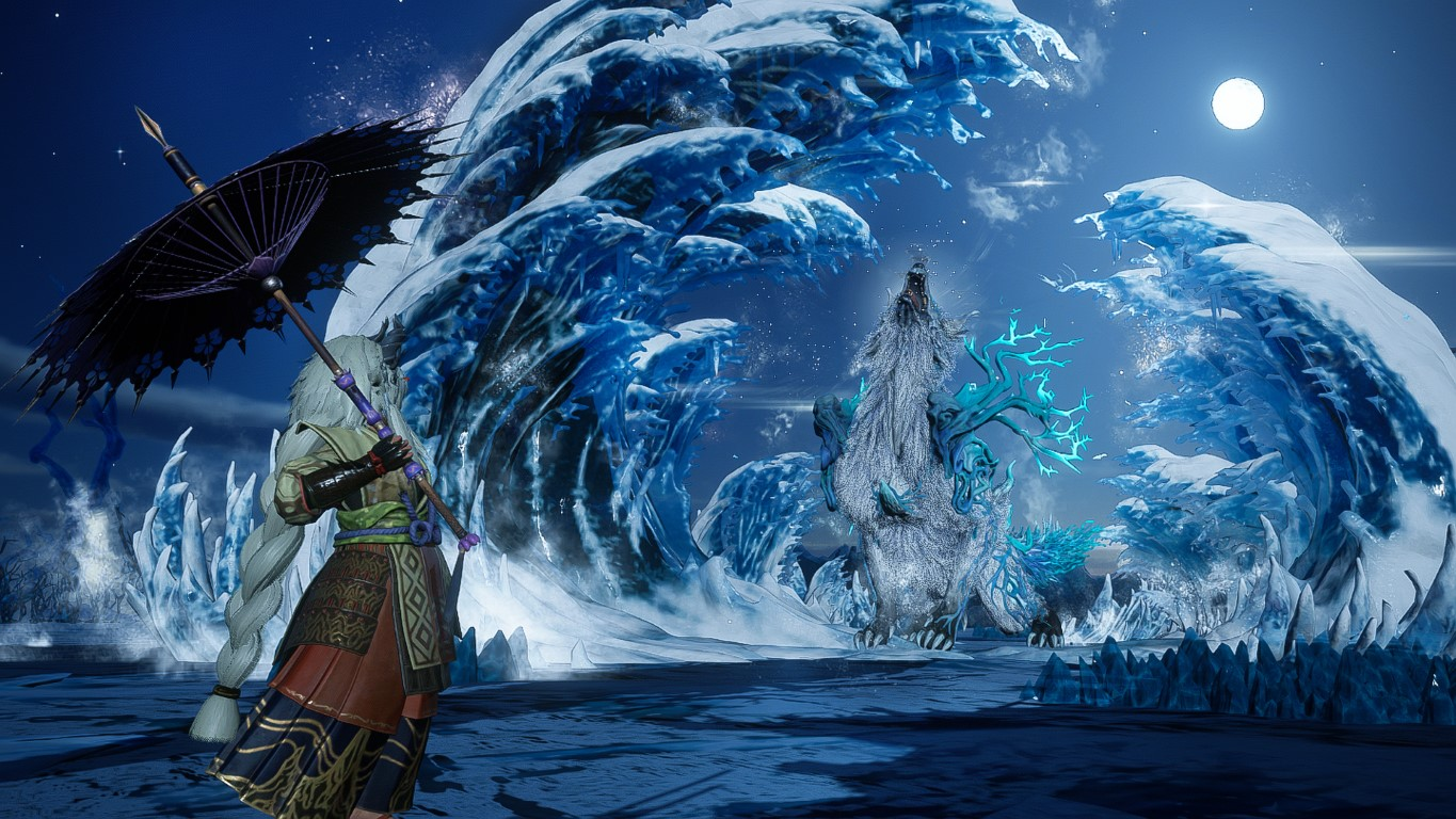 Postać z parasolem staje naprzeciw gigantycznej istoty podobnej do wilka i lodowych fal w nocnej scenerii, widoczny pełny księżyc.