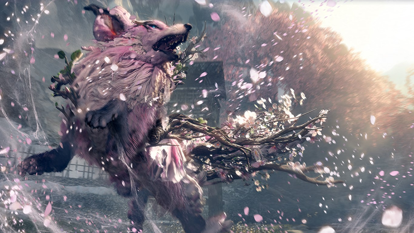 Różowa istota podobna do wilka z elementami kwiatowymi skacząca pośród spadających różowych płatków, z rozmytym, kwiecistym tłem.