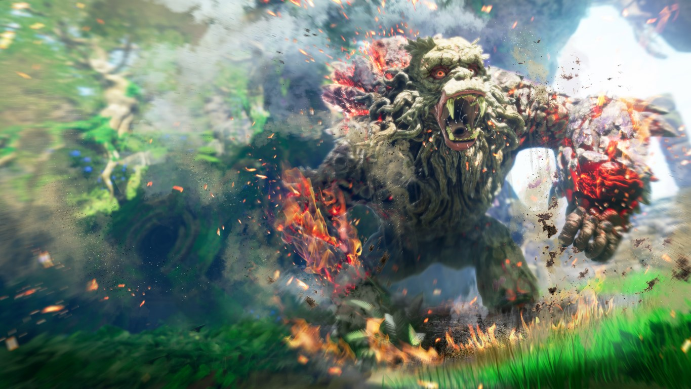 Ognista, potworna małpa wyłania się z dymnej eksplozji. Zielony i czerwony ogień otacza ją na tle zielonego lasu.