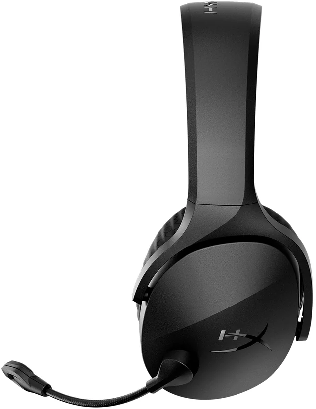 Fekete headset mikrofonnal. A headset a néző felé néz.