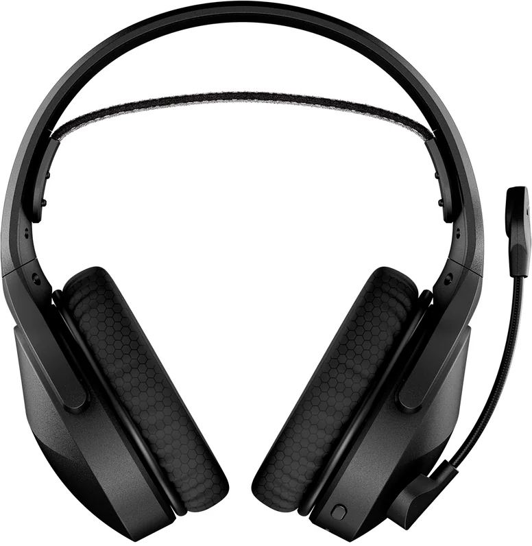 Fekete gamer headset mikrofonnal. A headset a néző felé néz. Részletek láthatók.