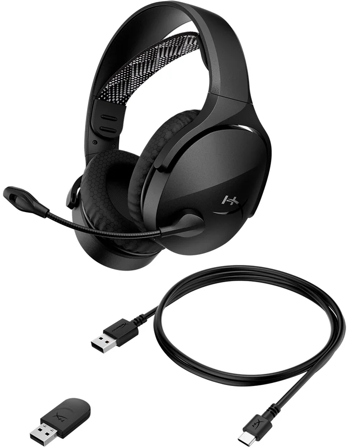 Fekete gamer headset mikrofonnal és szöveggel az oldalon. Szöveg a termék specifikációiról.