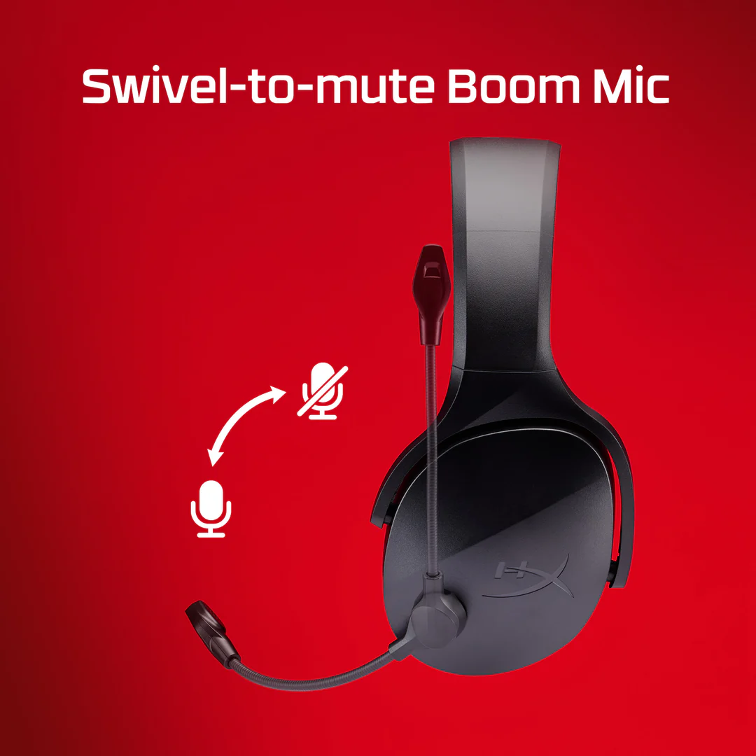 Fejhallgató forgatható némító mikrofonnal. Szöveg: Swivel-to-mute Boom Mic. Ikonok a némítás funkciót mutatják.