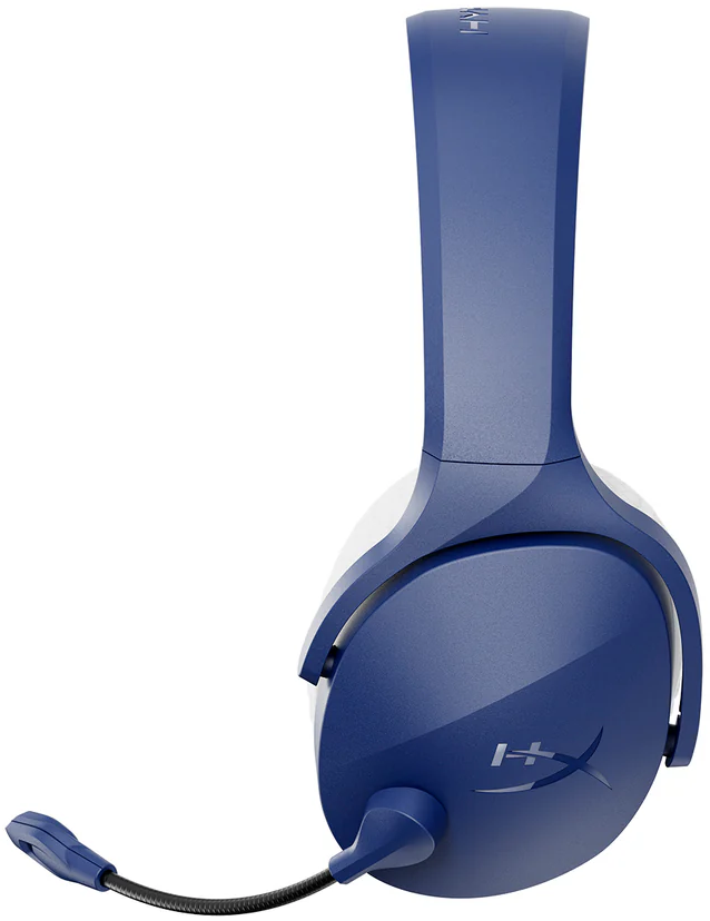 Kék fejhallgató, oldalnézet, fekete mikrofonnal. HyperX logó látható.