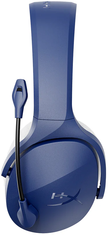 Kék fejhallgató, alsó nézet. Fekete mikrofon és HyperX logó látható.