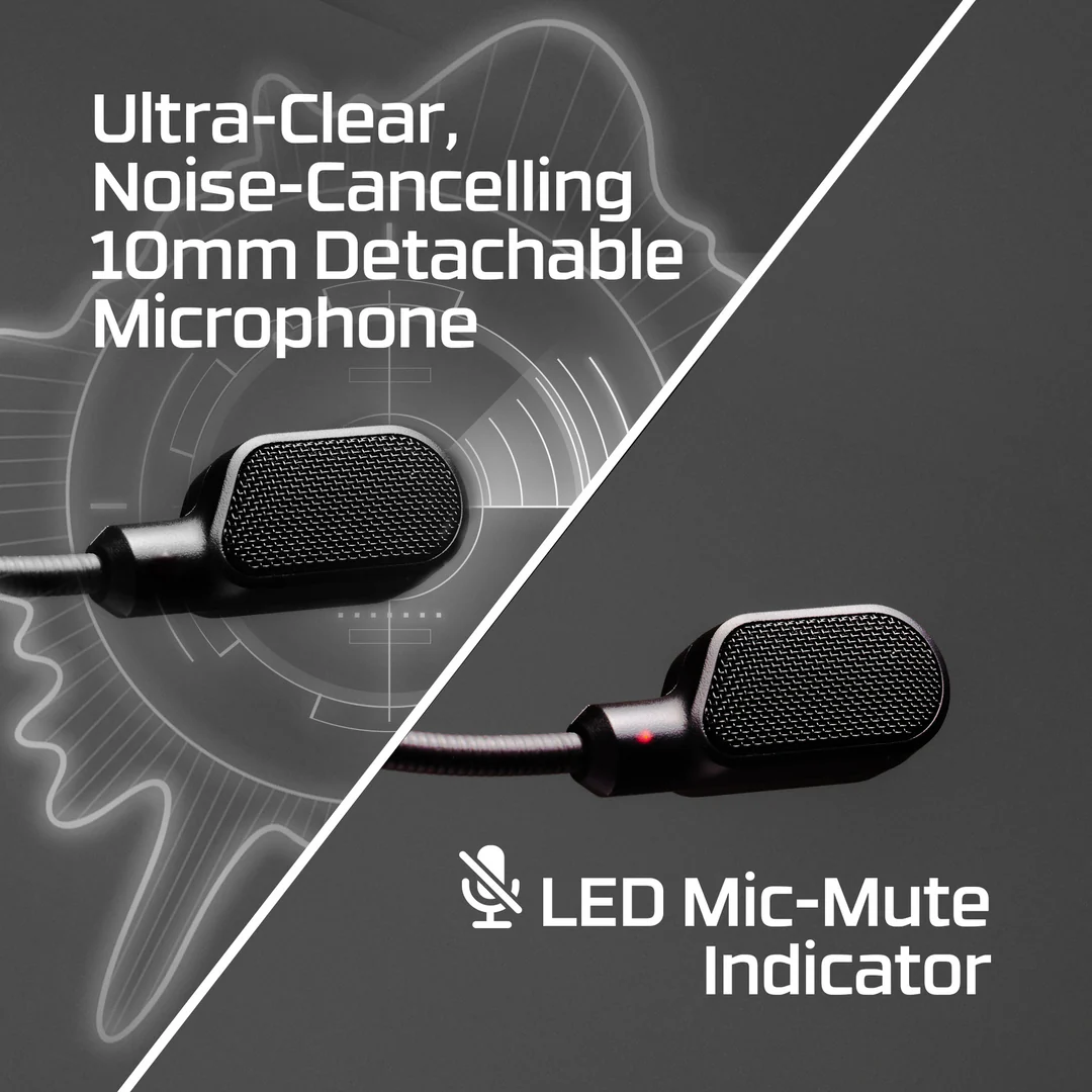 Fejhallgató mikrofonjának közeli képe. Szöveg: 'Ultra-Clear Microphone', 'LED Mic-Mute Indicator'.