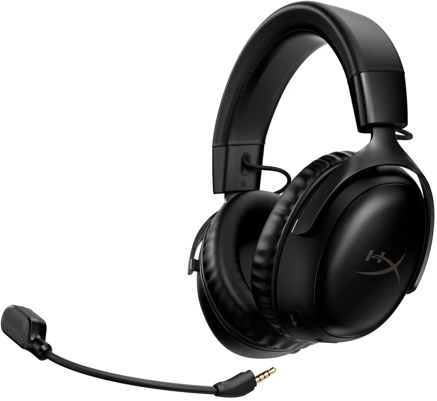 Fekete gamer headset mikrofonnal. A HyperX logó látható. A háttér egyszerű.