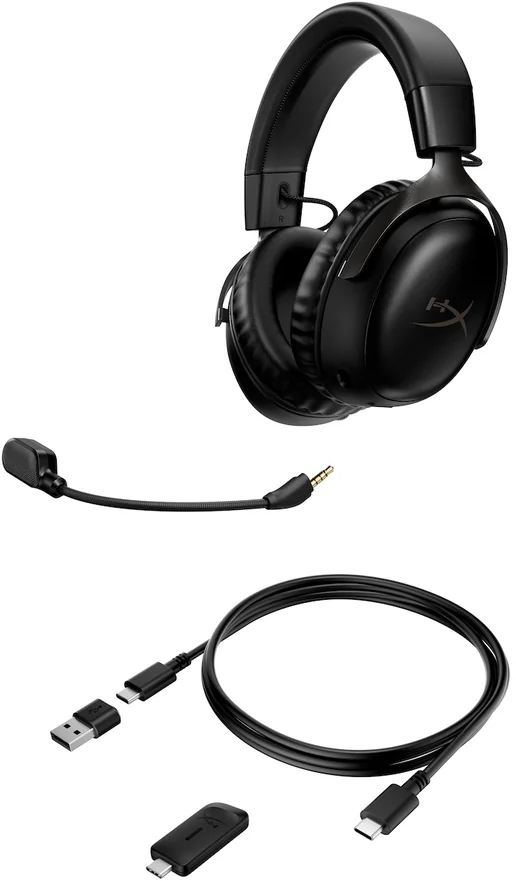 Fekete headset mikrofonnal, USB-C kábellel és USB adapterrel.
