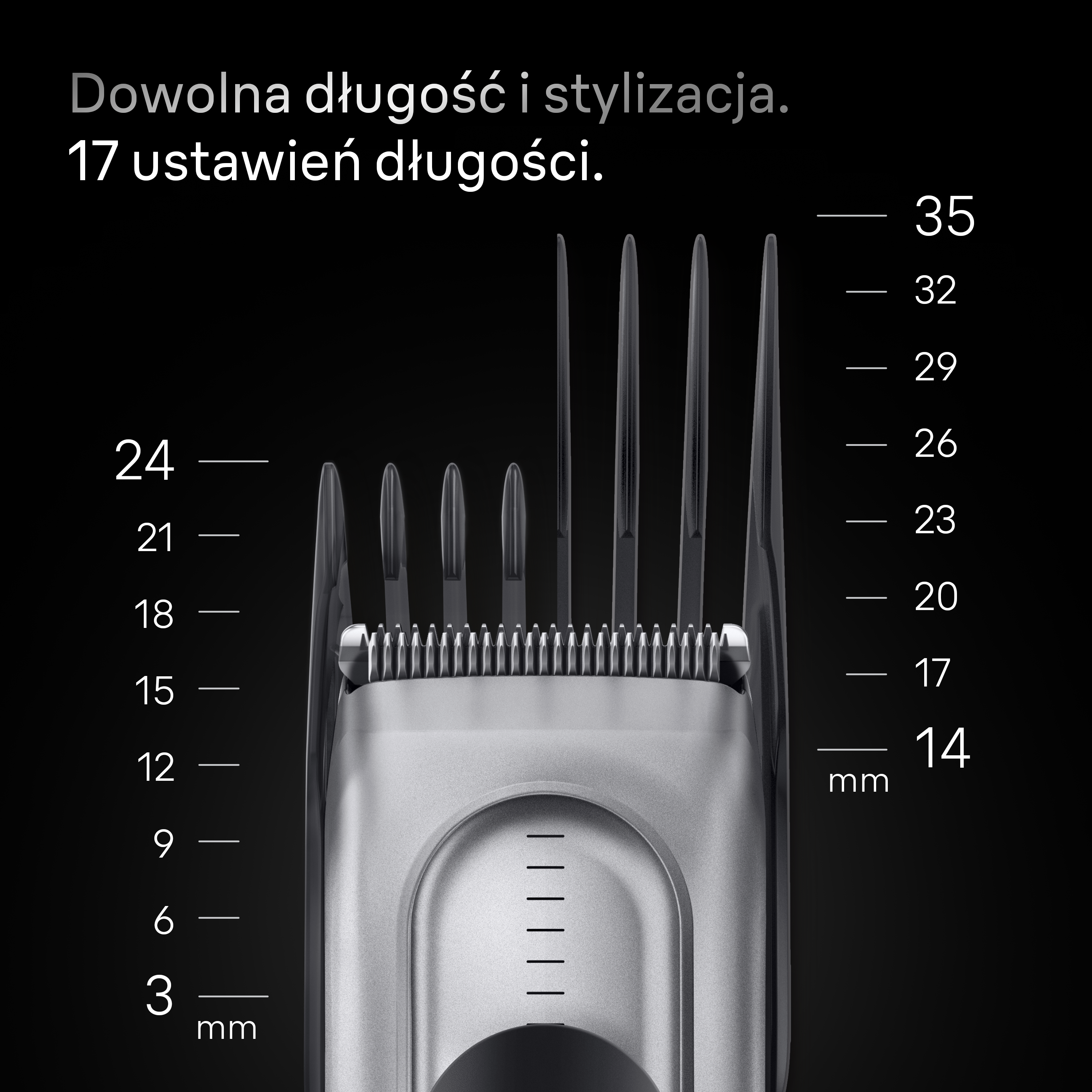 Maszynka do strzyżenia włosów z ustawieniami długości, z numerami.