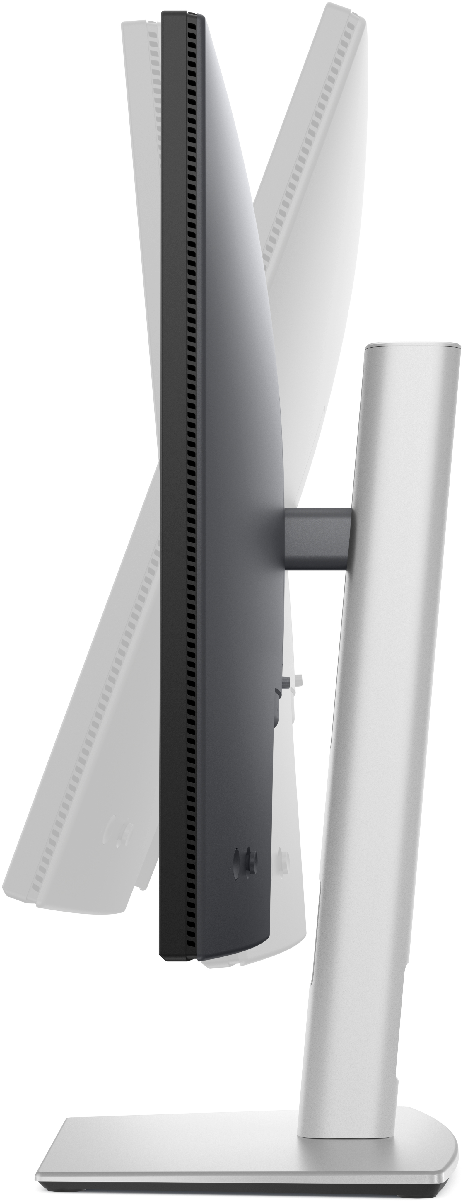 Dell-Monitor, Seitenansicht mit Neigung. Silberner Ständer, schwarzer Rahmen, Bildschirmanzeige.