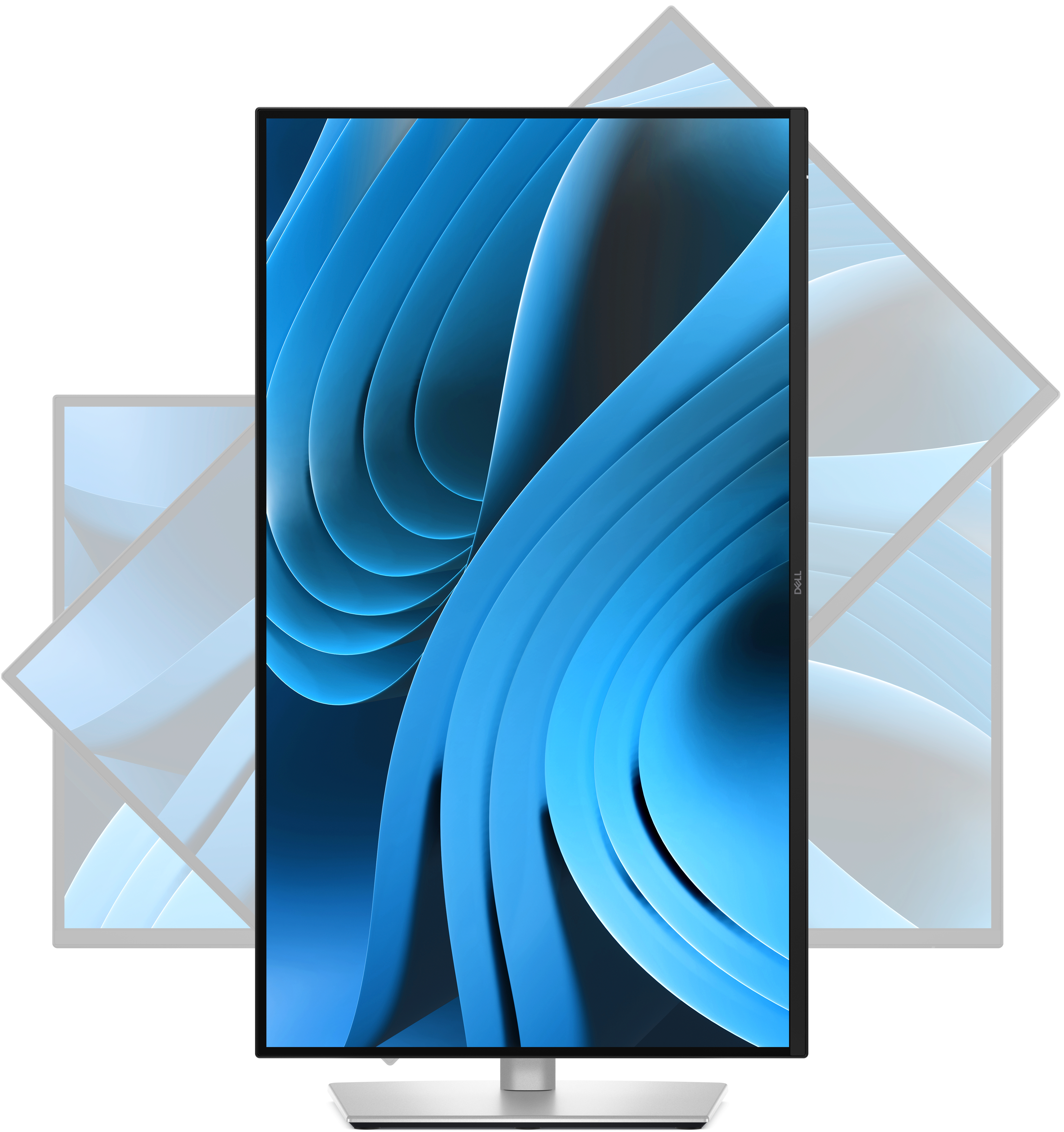 Dell-Monitor, Bildschirm gedreht. Blauer abstrakter Hintergrund mit silbernem Ständer und Sockel.