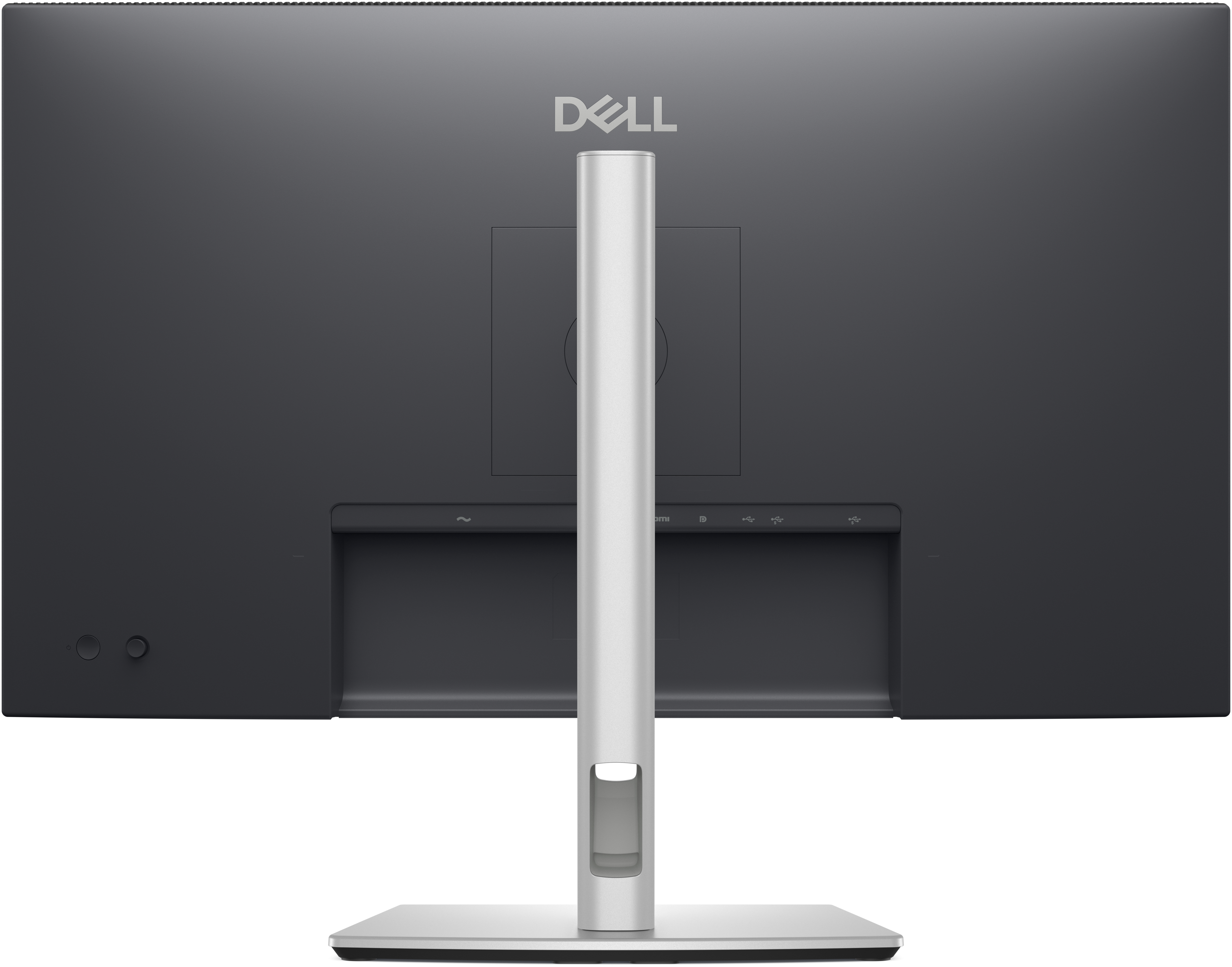 Rückseite eines Dell-Monitors mit silbernem Ständer. Dell-Logo und Anschlüsse sind sichtbar.
