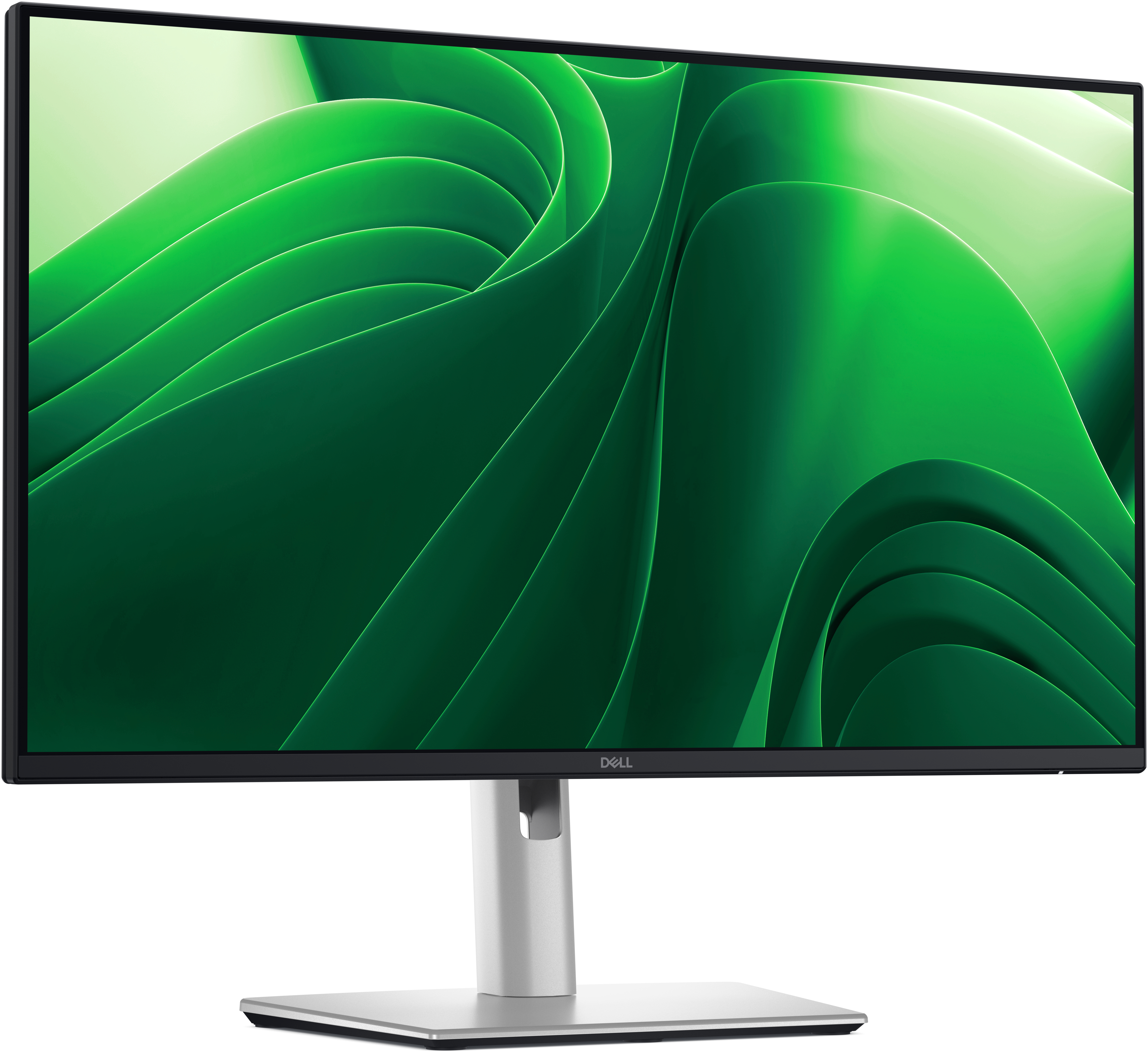 Ein Computermonitor zeigt ein grünes, abstraktes Design mit fließenden Formen und präsentiert die Anzeige des Bildschirms.