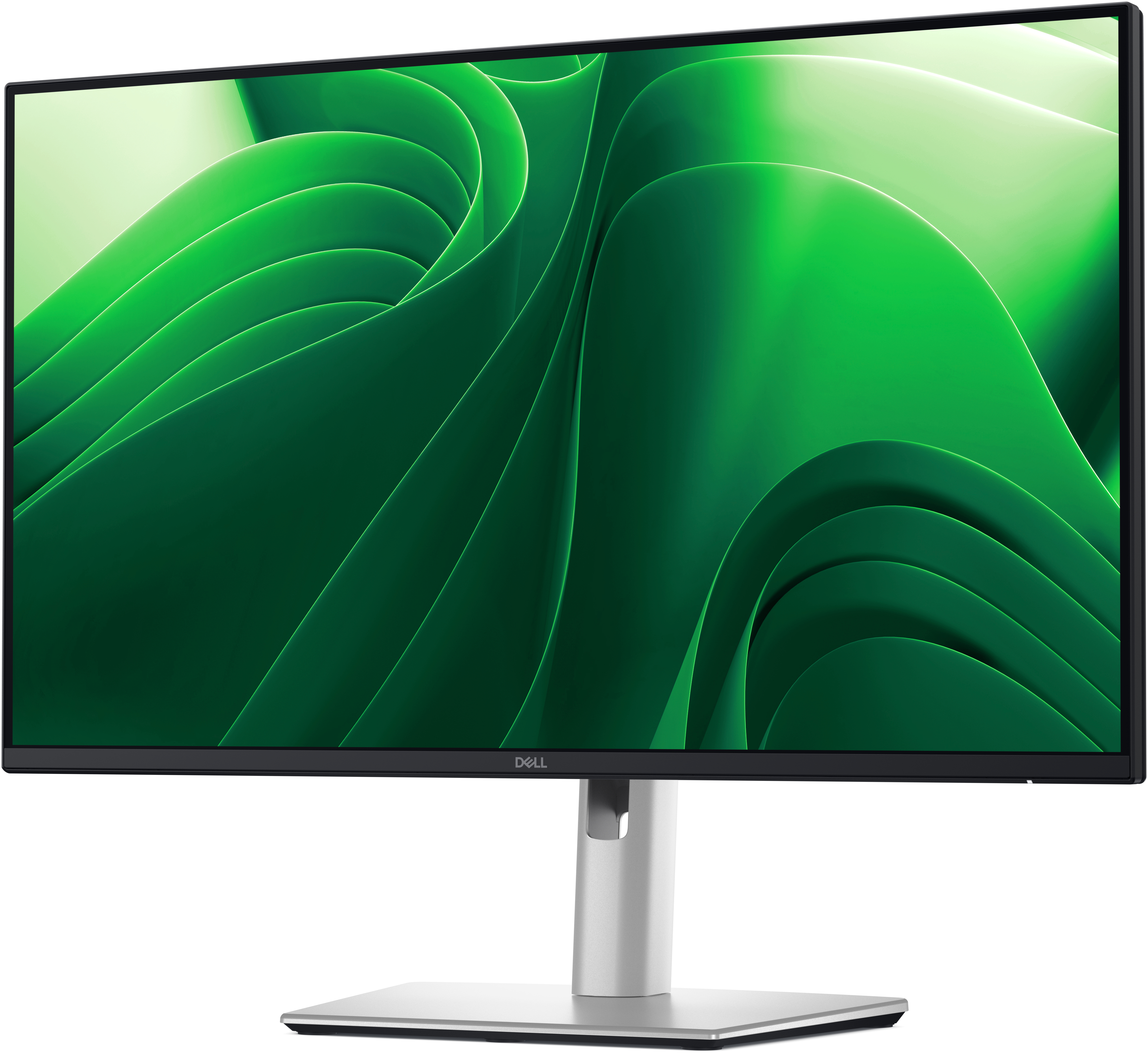 Ein Computermonitor zeigt ein grünes, abstraktes Design mit fließenden Formen und präsentiert die Anzeige des Bildschirms.