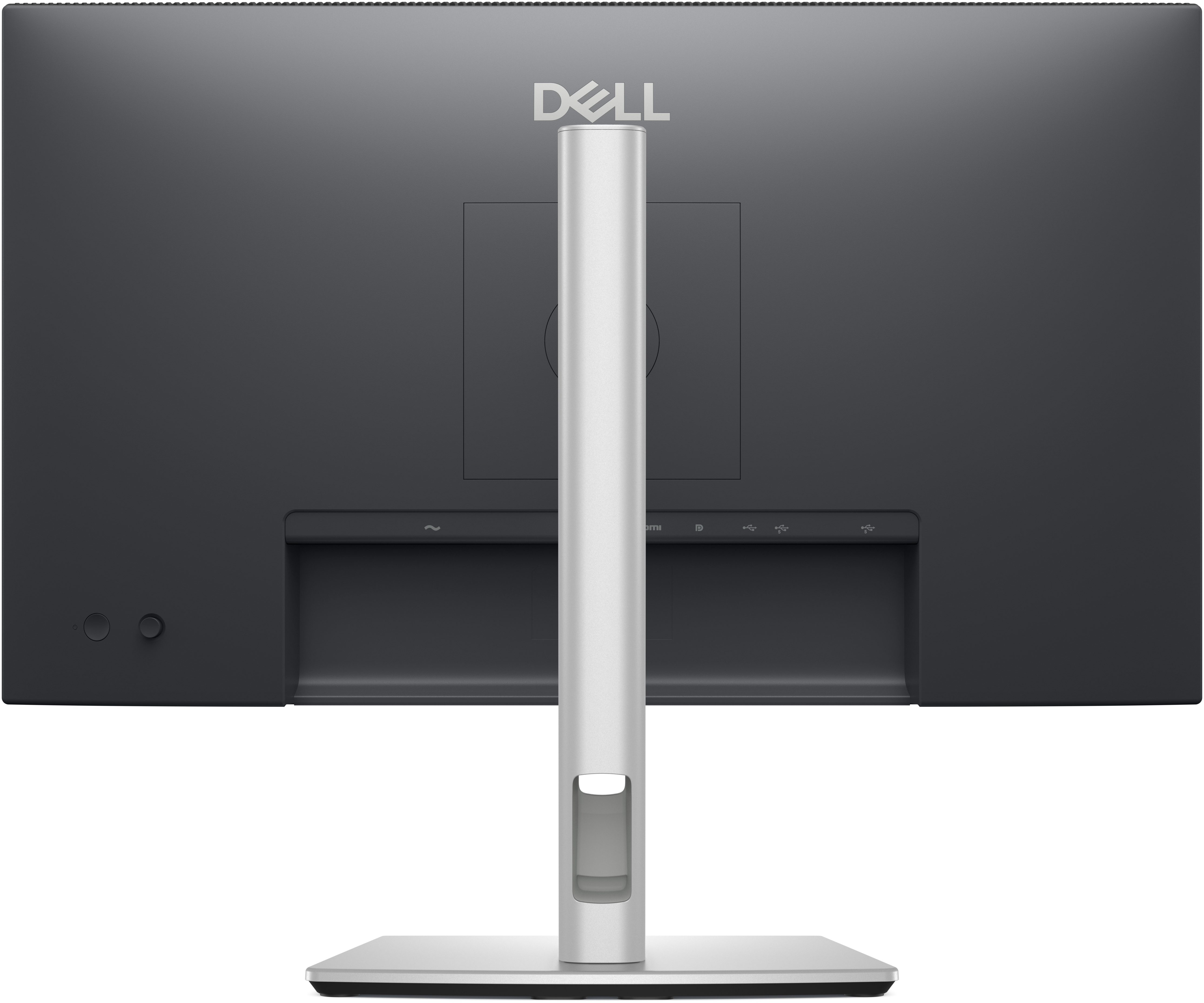 Die Rückseite eines Computermonitors mit silbernem Ständer, Dell-Logo und Anschlüssen, zeigt Design und Funktionen.