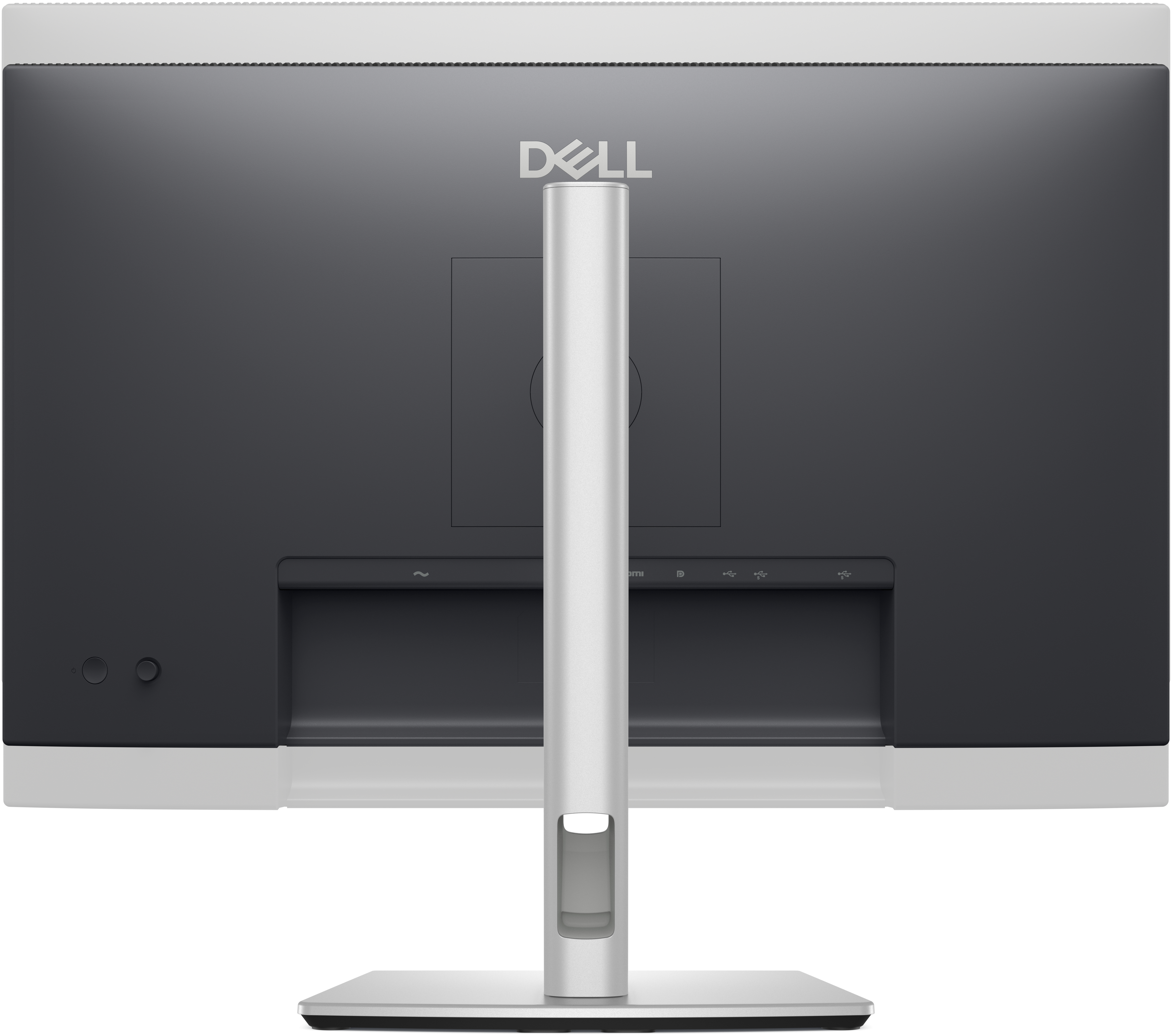 Die Rückseite eines Computermonitors mit Dell-Logo, Ständer und Anschlüssen, zeigt sein Design und seine Funktionen.