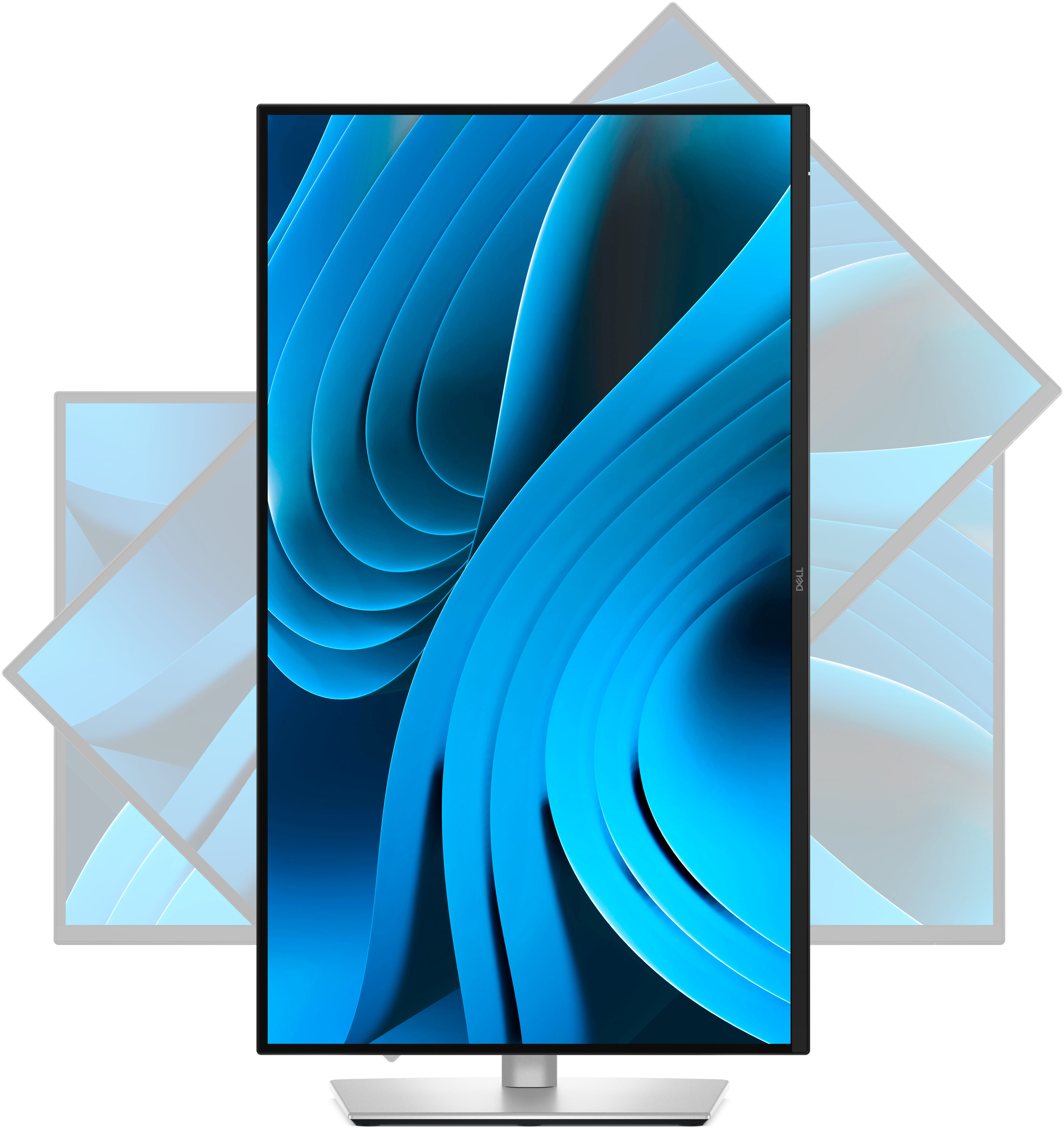 Dell-Monitor mit blauem, abstraktem Hintergrund. Bildschirm-Dreheffekt. Silberner Ständer und Sockel.