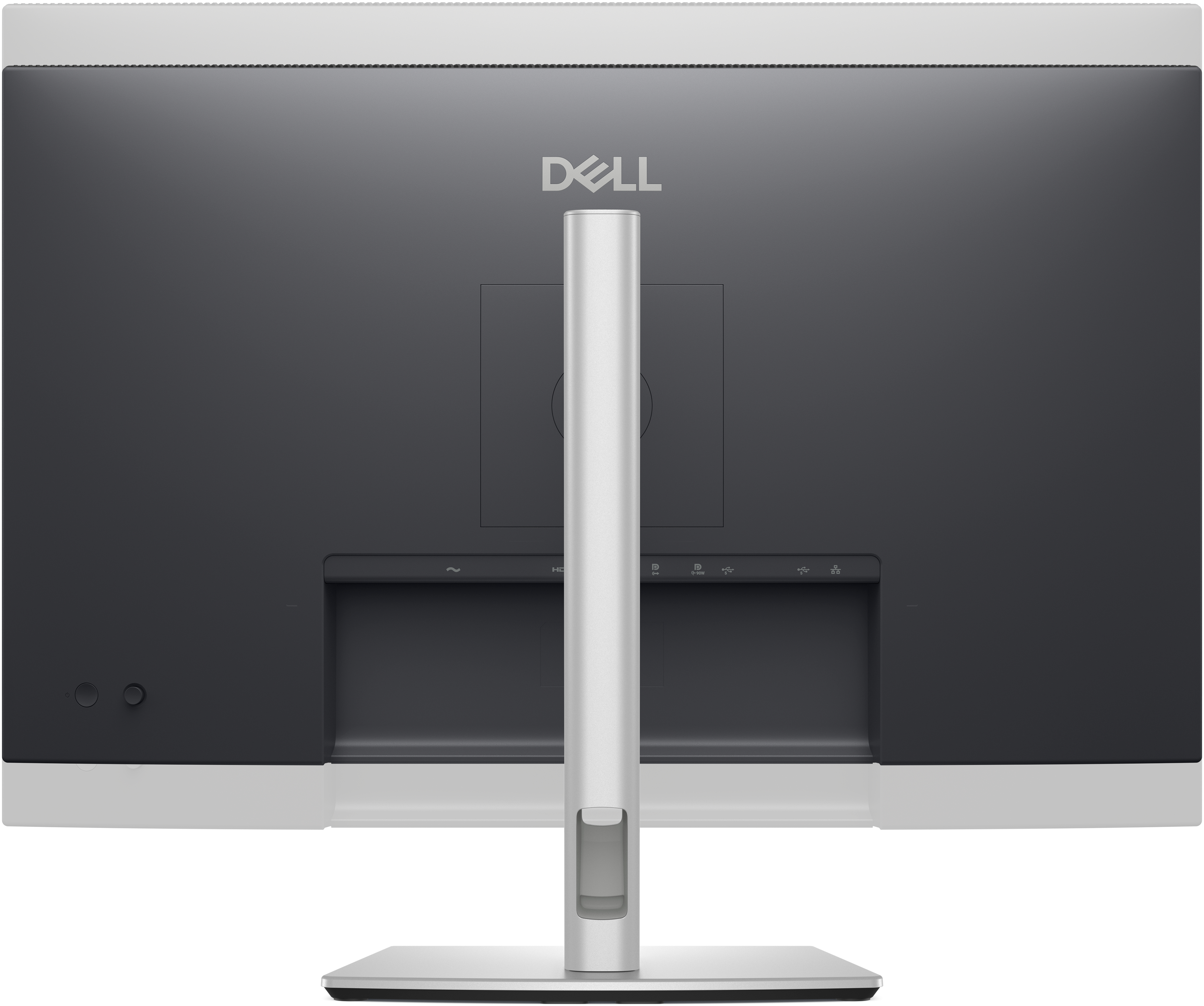 Rückansicht eines Dell-Monitors. Silberner Ständer, schwarze Rückwand mit Anschlüssen und Dell-Logo.