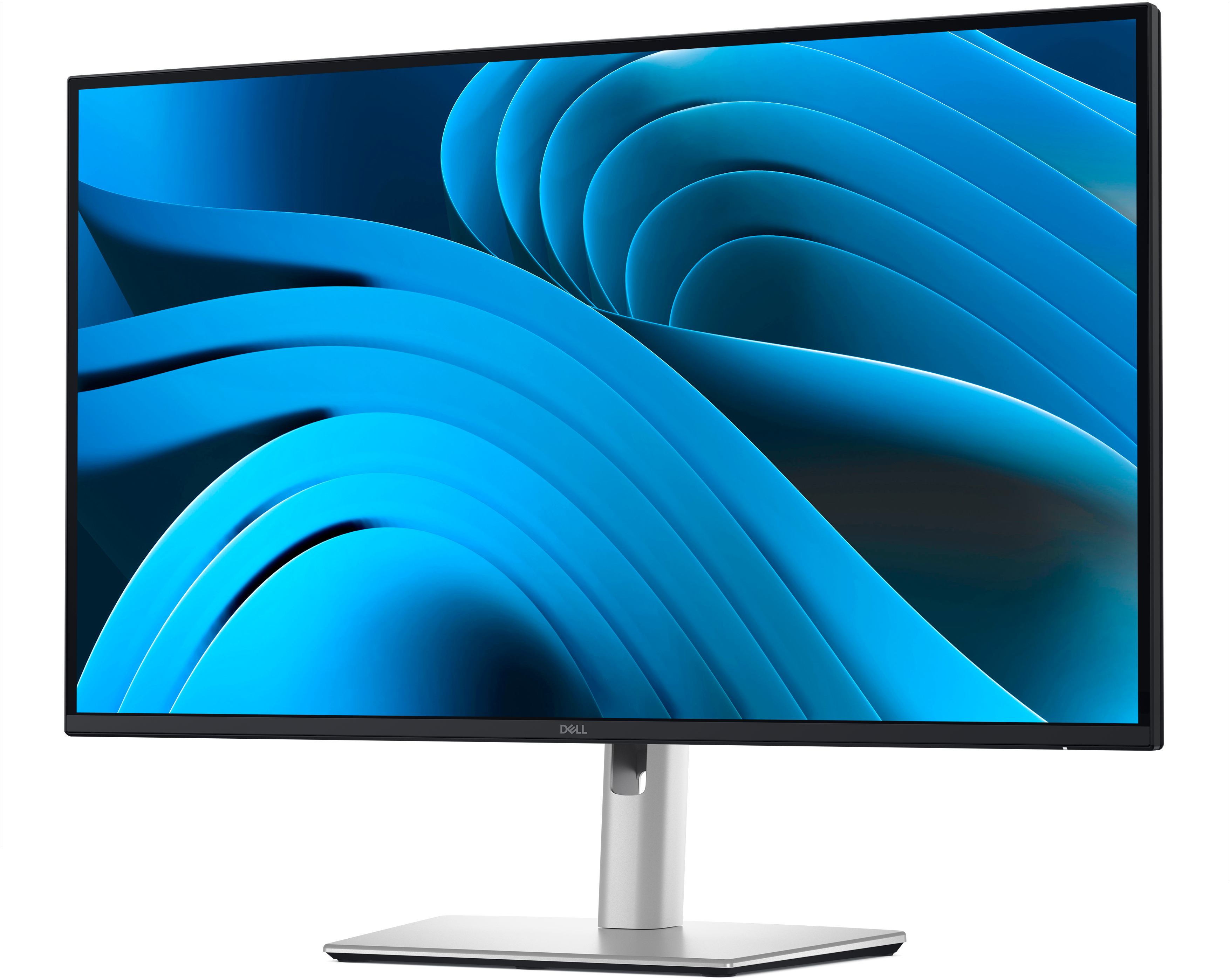 Dell-Monitor mit blauem, abstraktem Hintergrund. Silberner Ständer und Sockel. Dell-Logo unten.