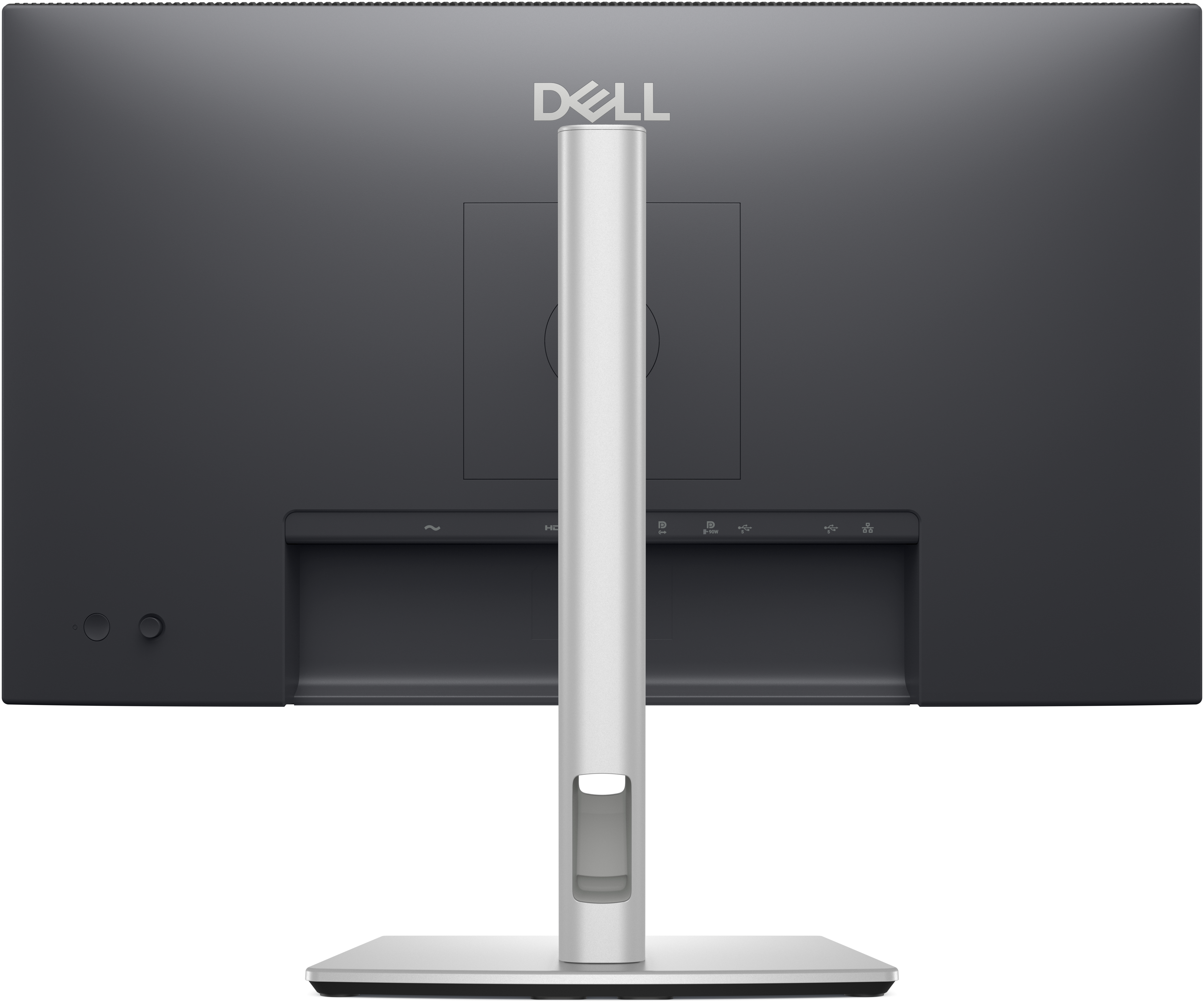Rückansicht eines Monitors mit Dell-Logo, mit Anschlüssen und Ständer sichtbar.