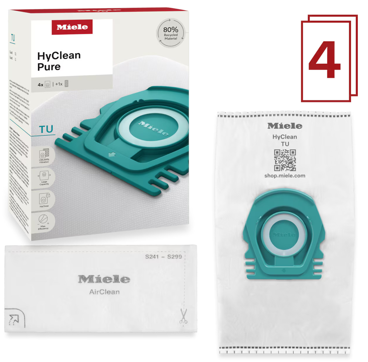 Worki do odkurzacza, opakowanie Miele HyClean Pure i filtr. Zawiera 4 worki i filtr.
