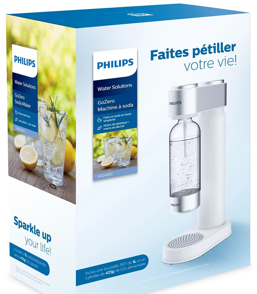 Białe pudełko urządzenia do produkcji sody ze zdjęciami i tekstem produktu. Tło zewnętrzne.