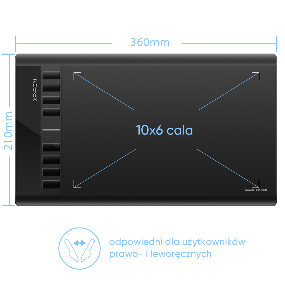 Czarny tablet graficzny z wymiarami i tekstem po polsku, wskazującym, że jest dla użytkowników prawo- i leworęcznych.