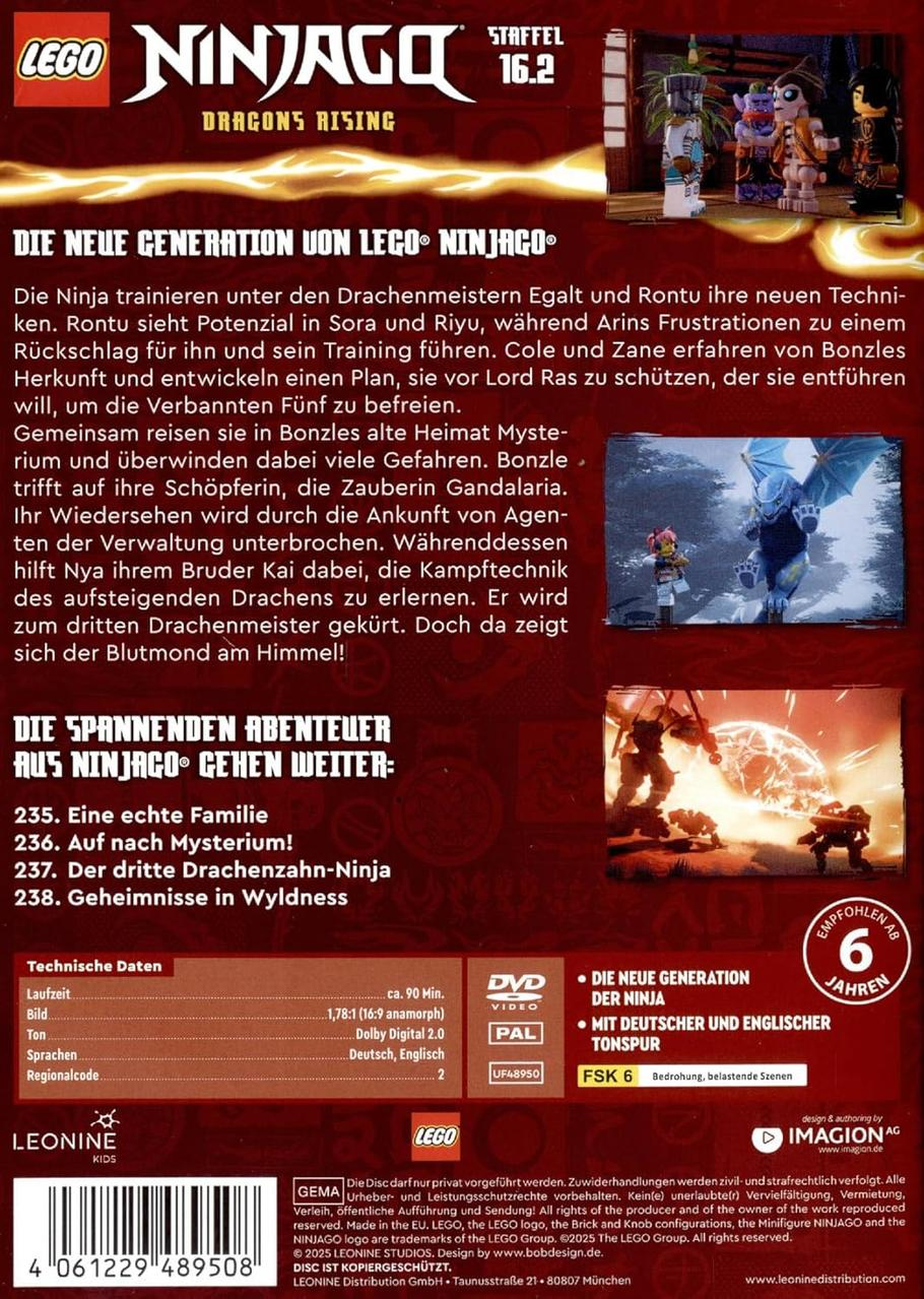 Die Rückseite einer Ninjago DVD-Hülle, mit Text auf Deutsch und Bildern von Charakteren.