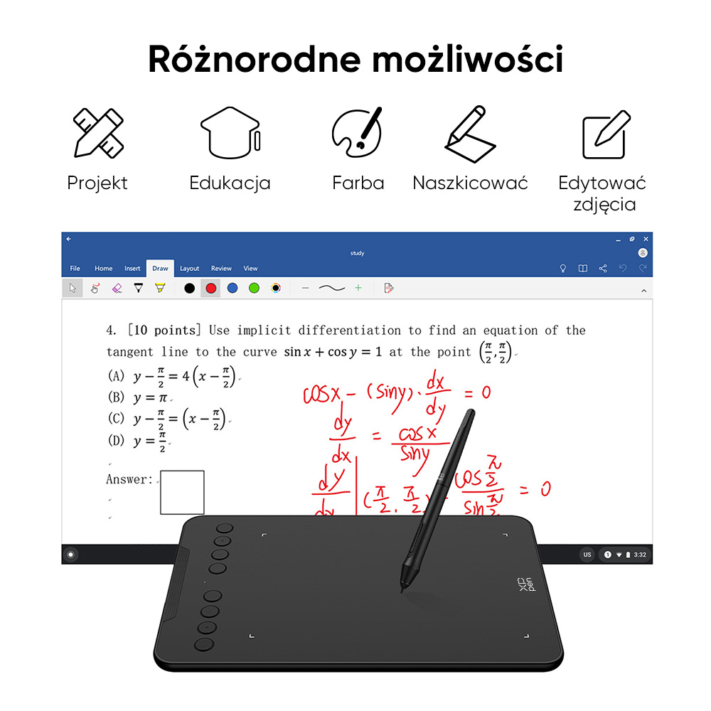 Schemat pokazujący tablet z ikonami dla projektu, edukacji, koloru, szkicu i edycji zdjęć.