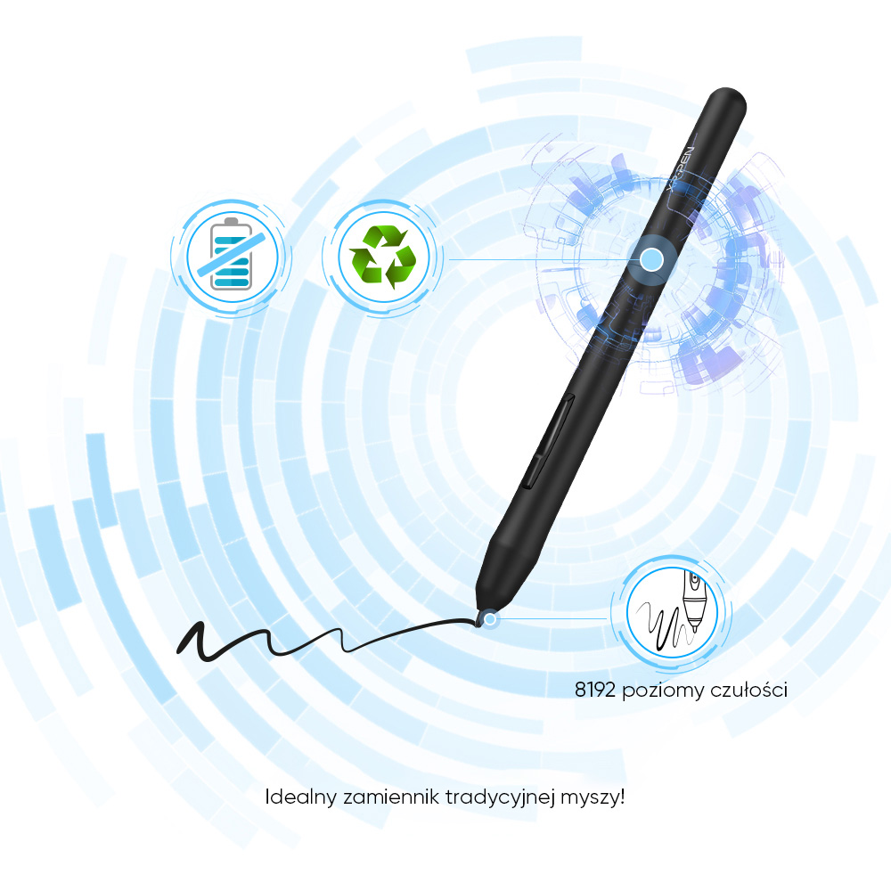 Pióro XP-Pen z grafiką pokazującą poziomy czułości i symbol recyklingu. Tekst: Idealny zamiennik myszy.