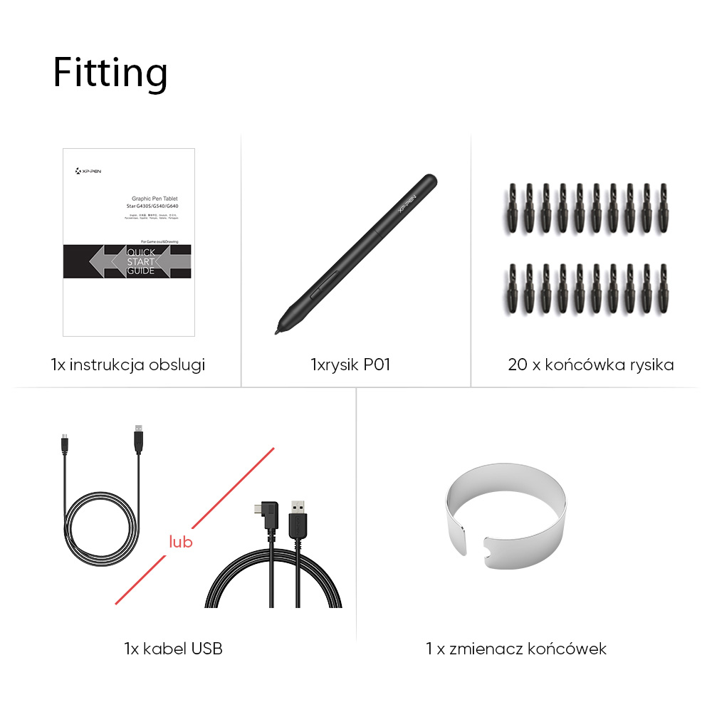 Akcesoria do tabletu XP-Pen: instrukcja, pióro, końcówki pióra, kabel USB, narzędzie do usuwania końcówek.